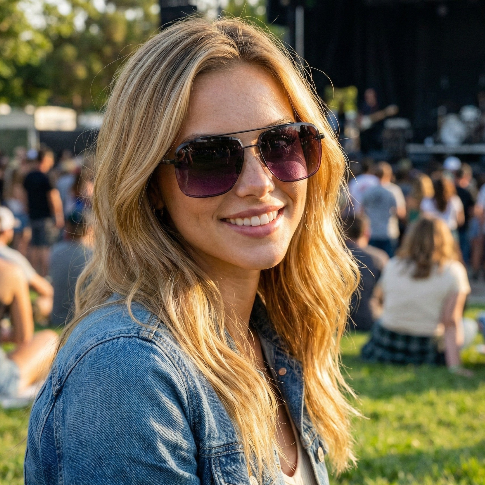 Woman wearing sunglasses and a denim jacket at an outdoor event with people in the background.