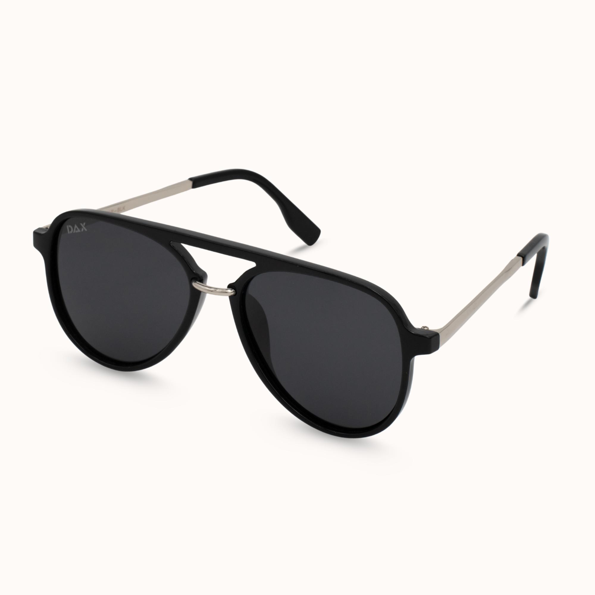 Black sunglasses with silver frames on a white background