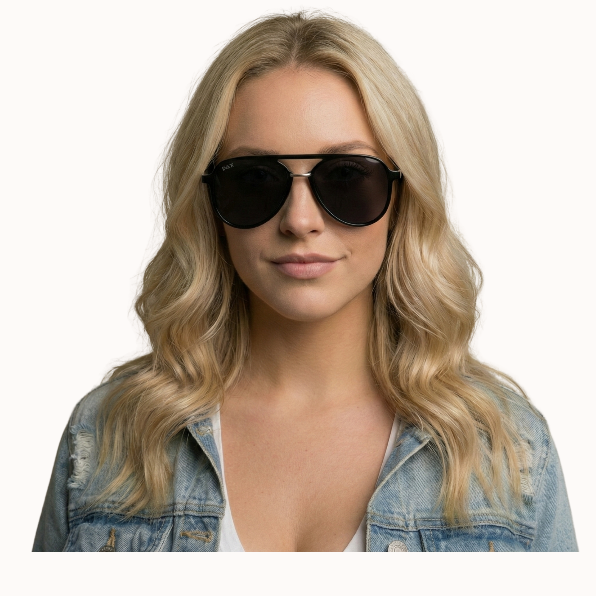 Woman wearing sunglasses with a denim jacket on a white background