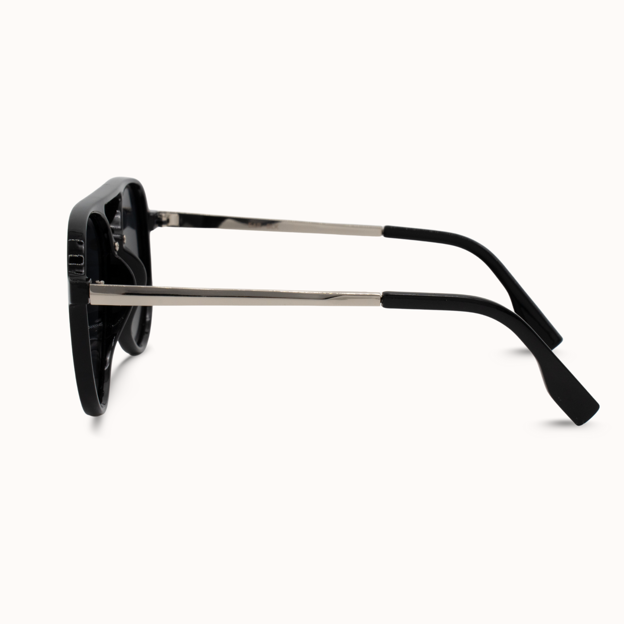Black sunglasses with a reflective surface on a white background