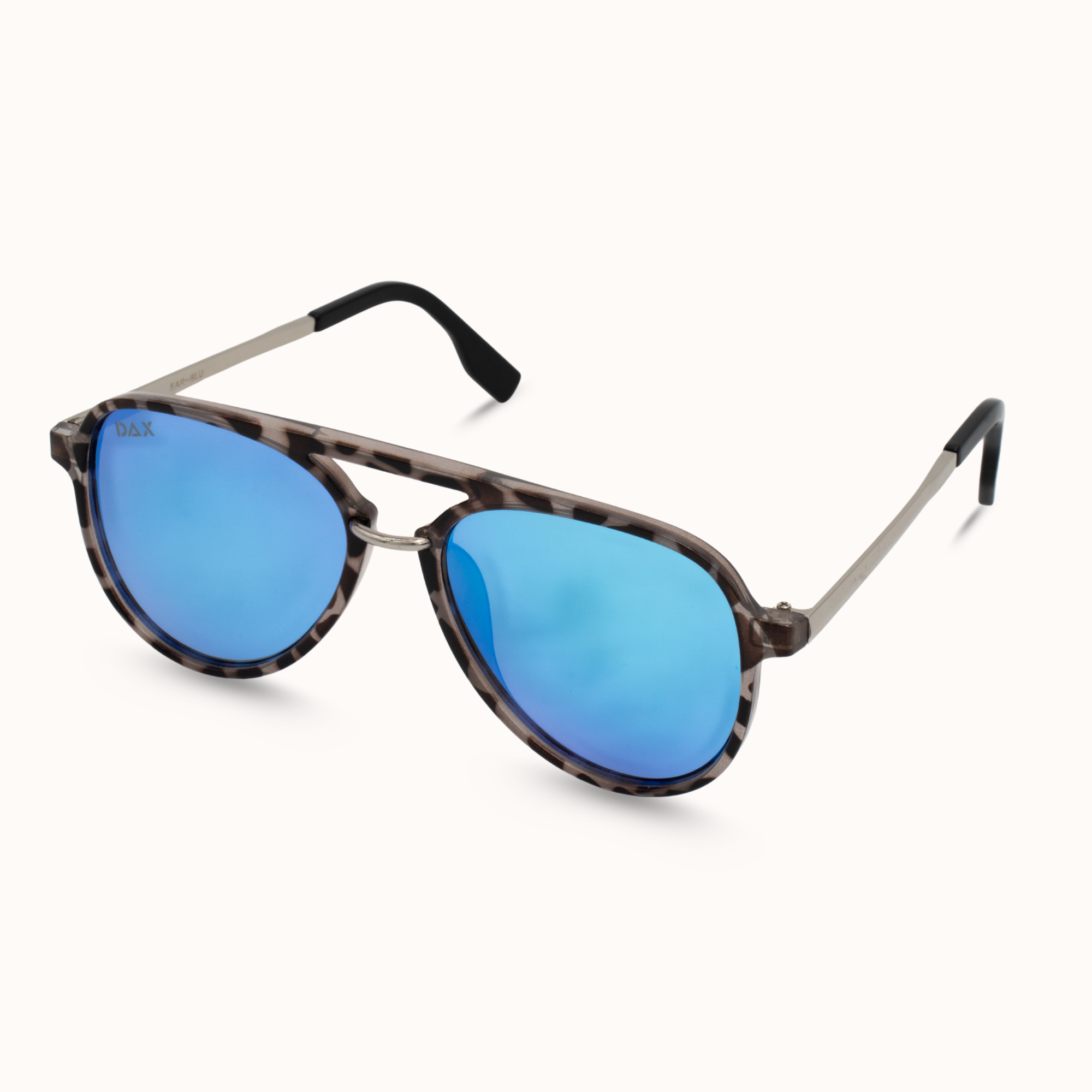 Sunglasses with blue lenses and tortoiseshell frame on a white background