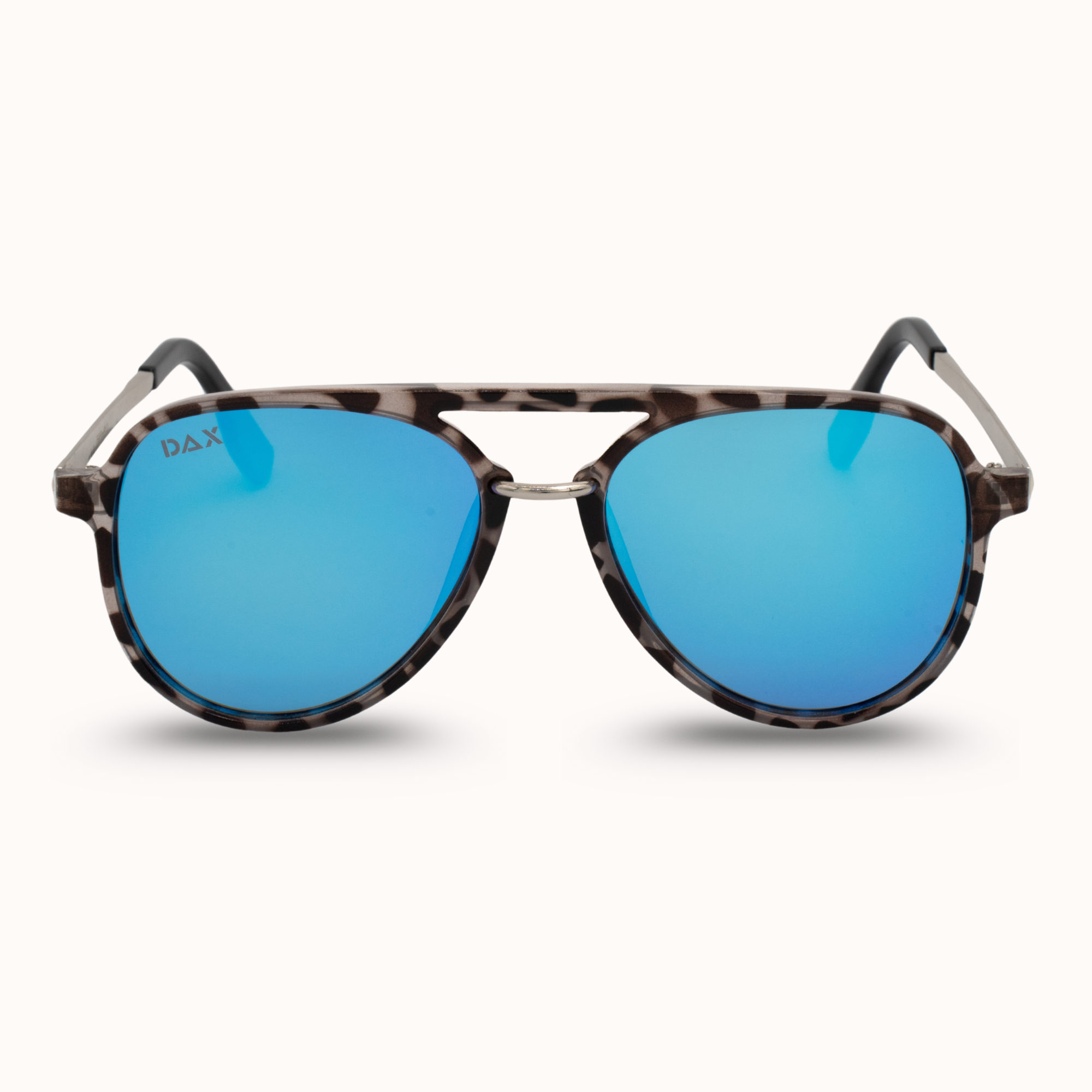Sunglasses with blue lenses and tortoiseshell frame on a white background