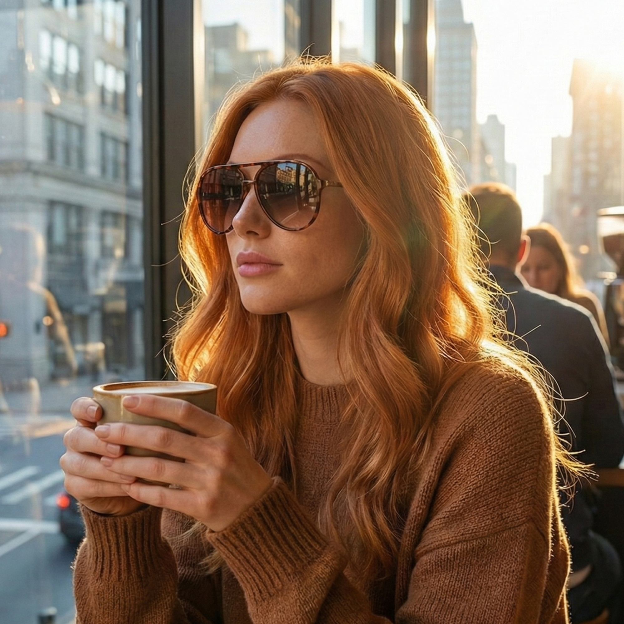 Woman with red hair wearing sunglasses and a brown sweater, holding a cup, with a cityscape in the background.