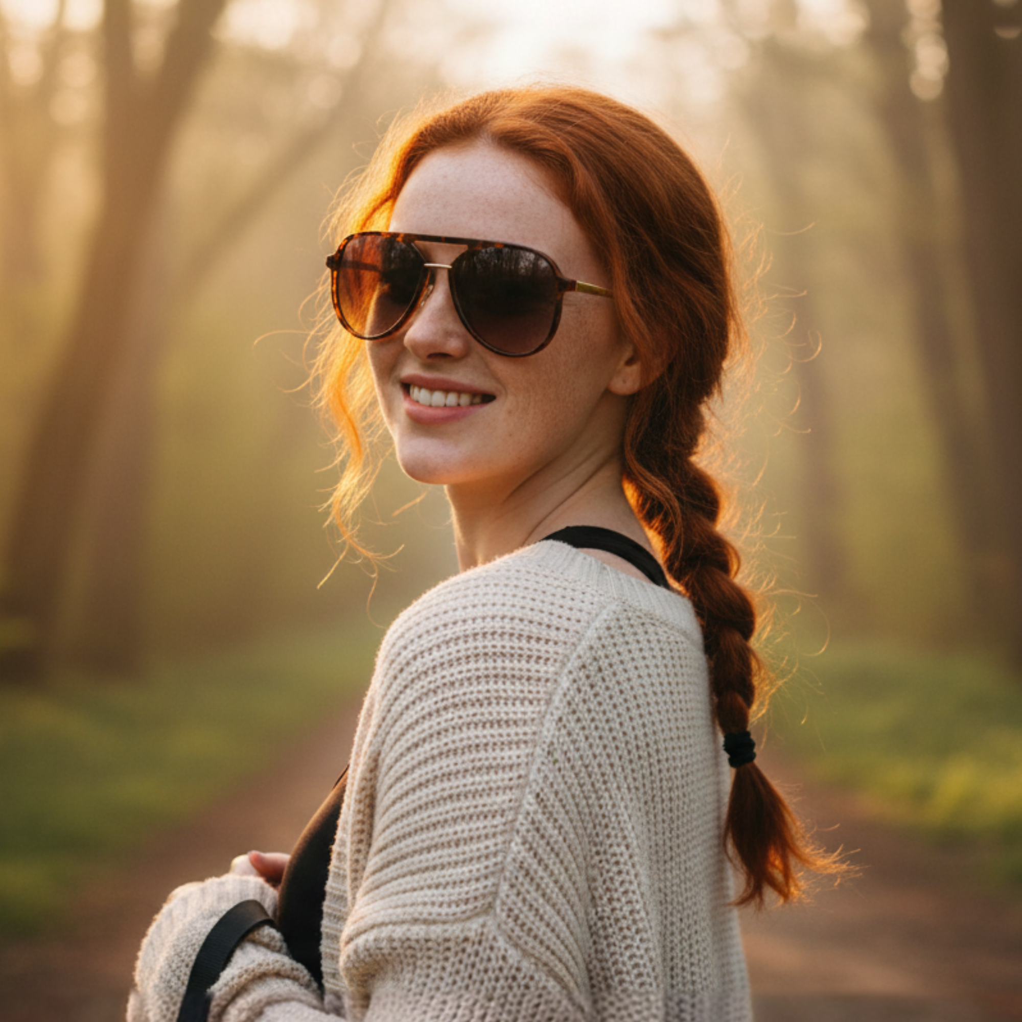 Woman with sunglasses and braided hair standing in a forest during sunset.