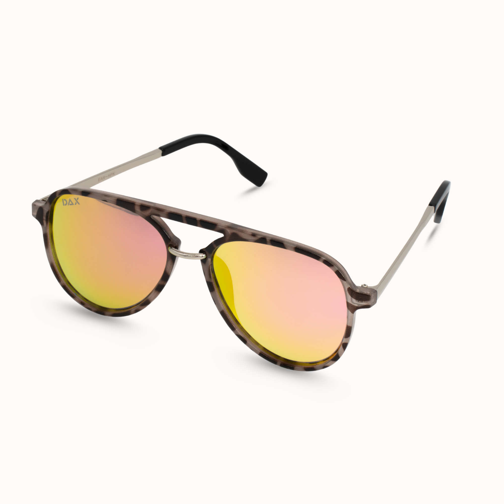 Sunglasses with reflective lenses and tortoiseshell frame on a white background