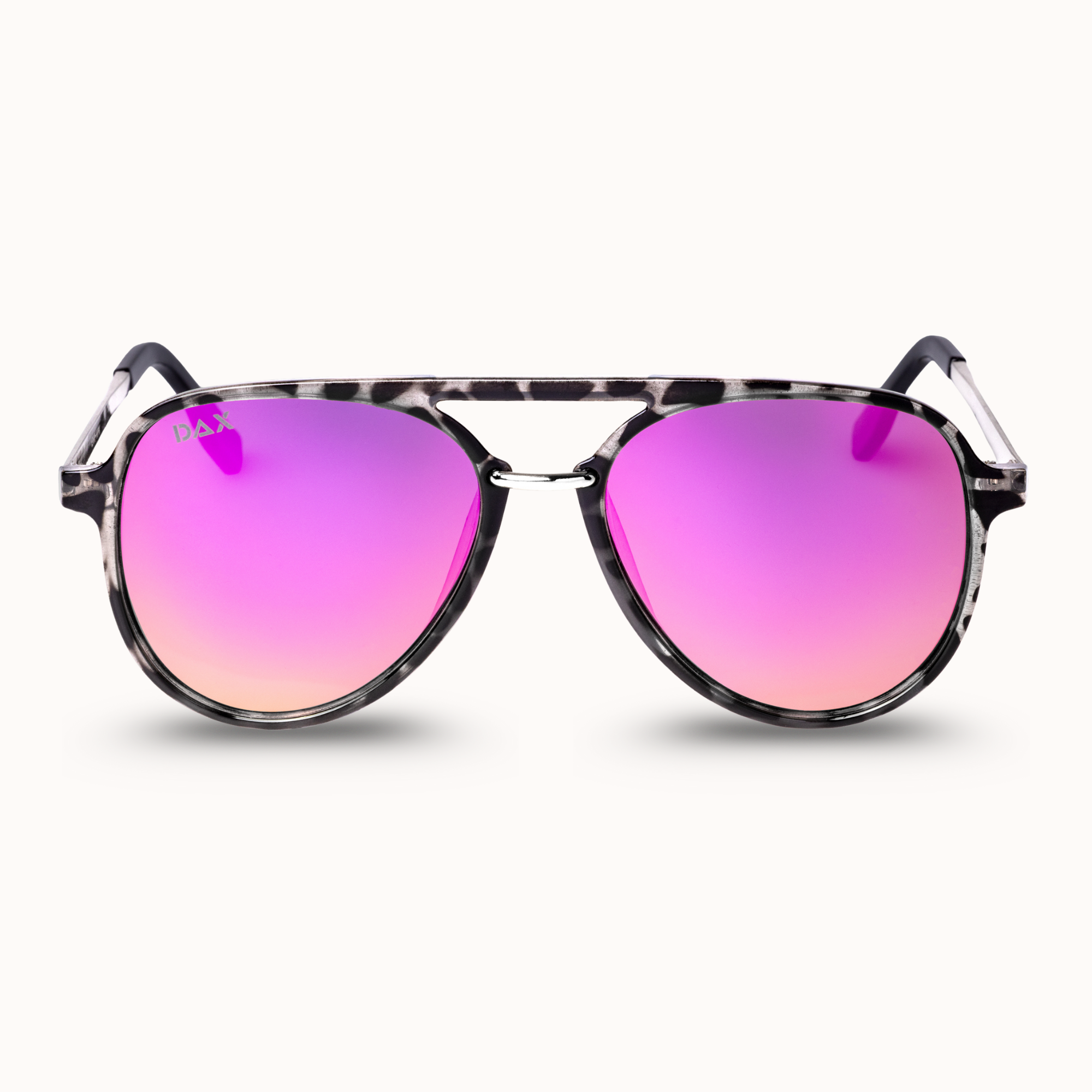 Sunglasses with pink lenses and black frame on a white background