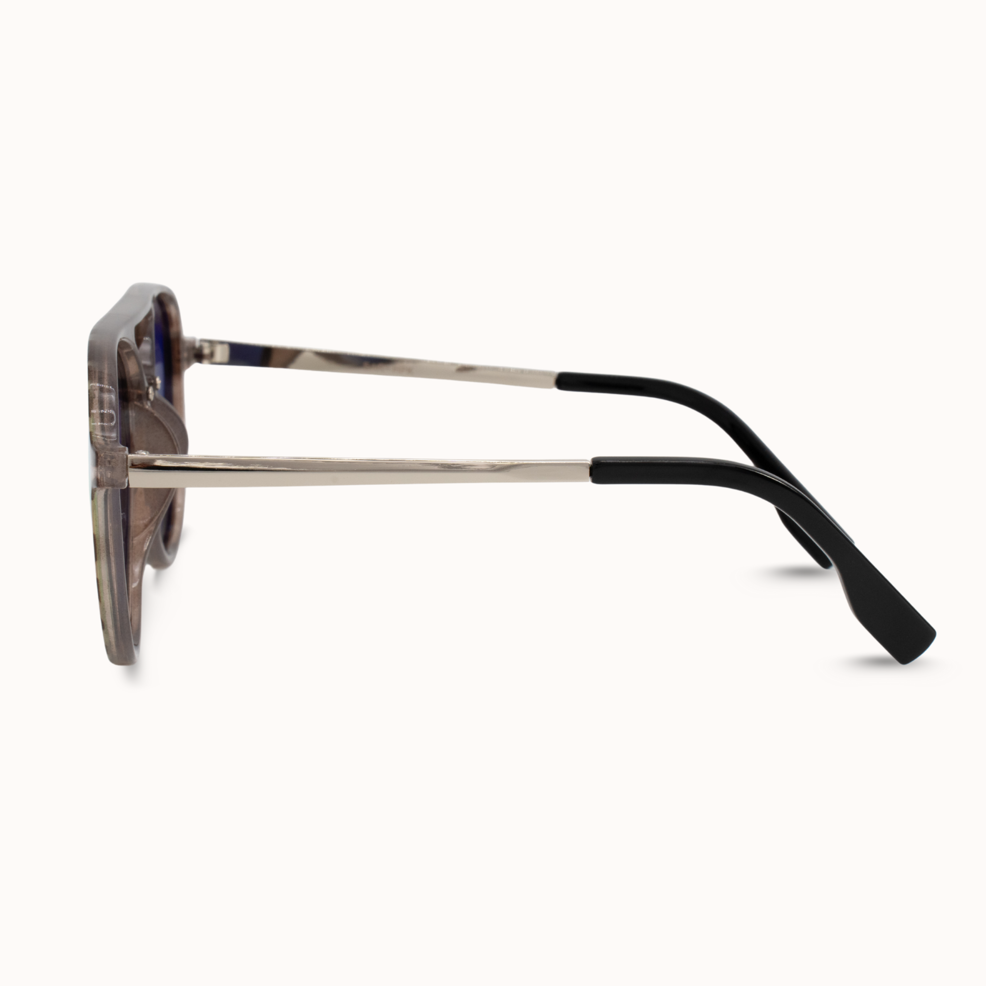 Sunglasses with a tortoiseshell frame and black arms on a white background