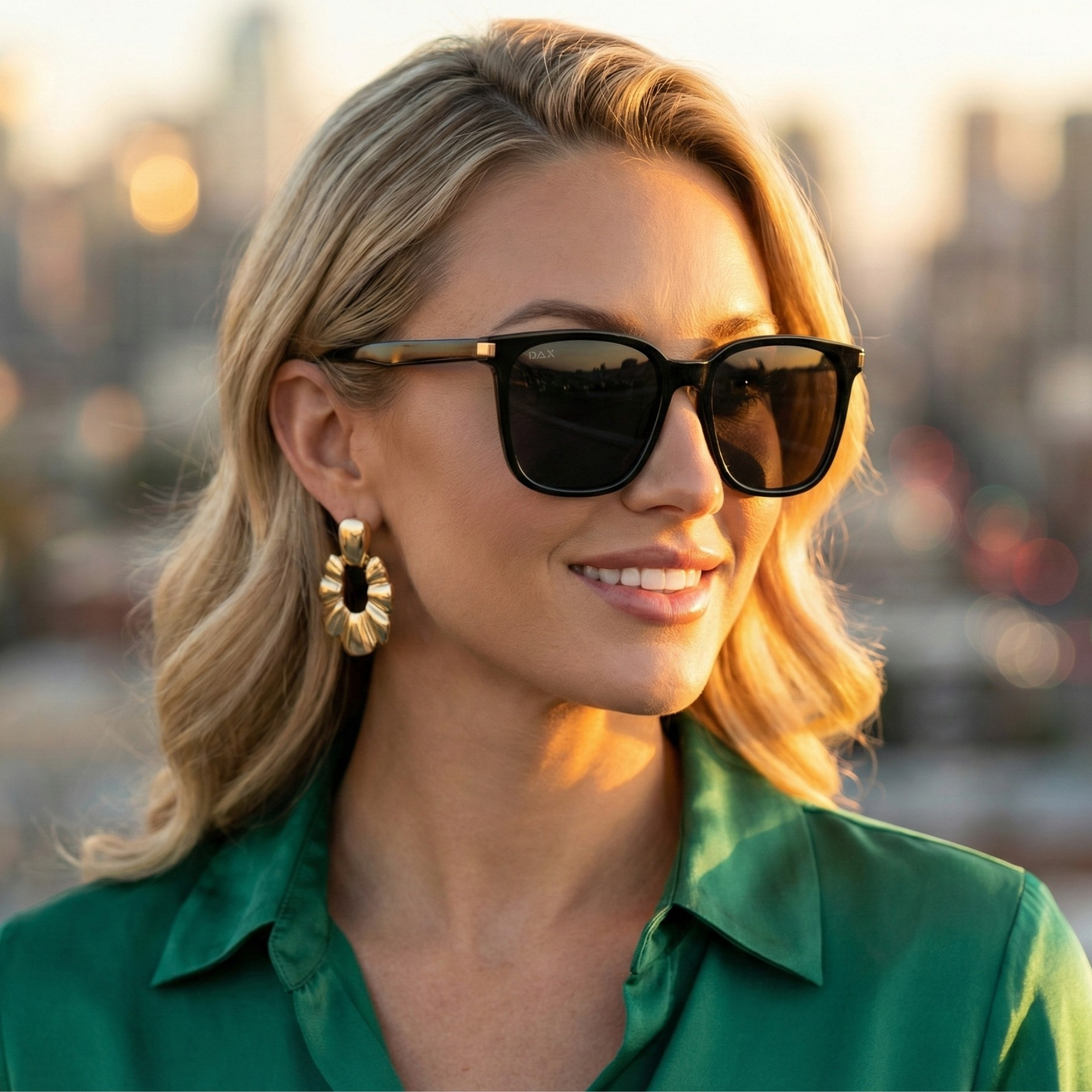 Woman wearing sunglasses and a green shirt with a blurred cityscape background