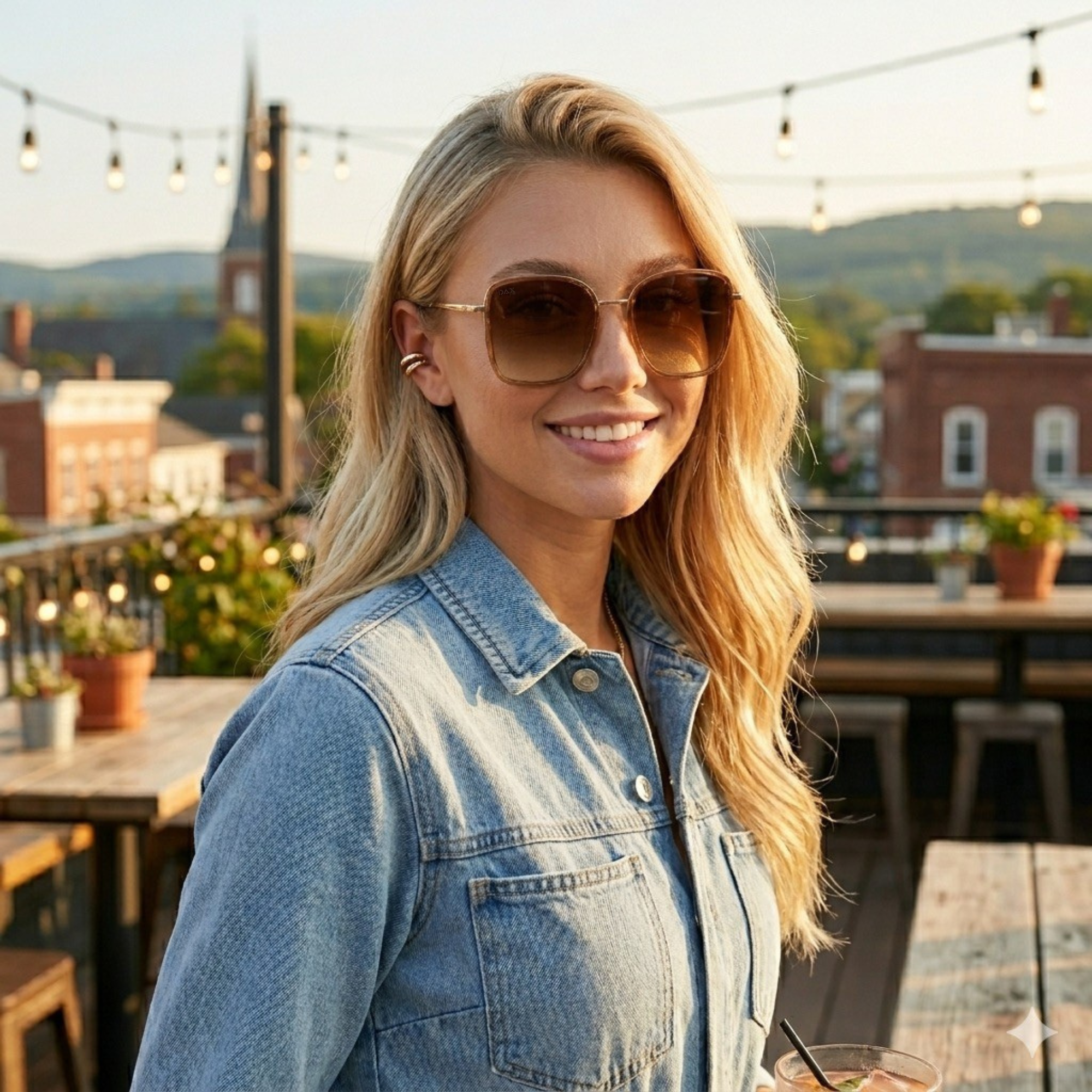 Woman wearing sunglasses and a denim jacket on a rooftop with cityscape in the background