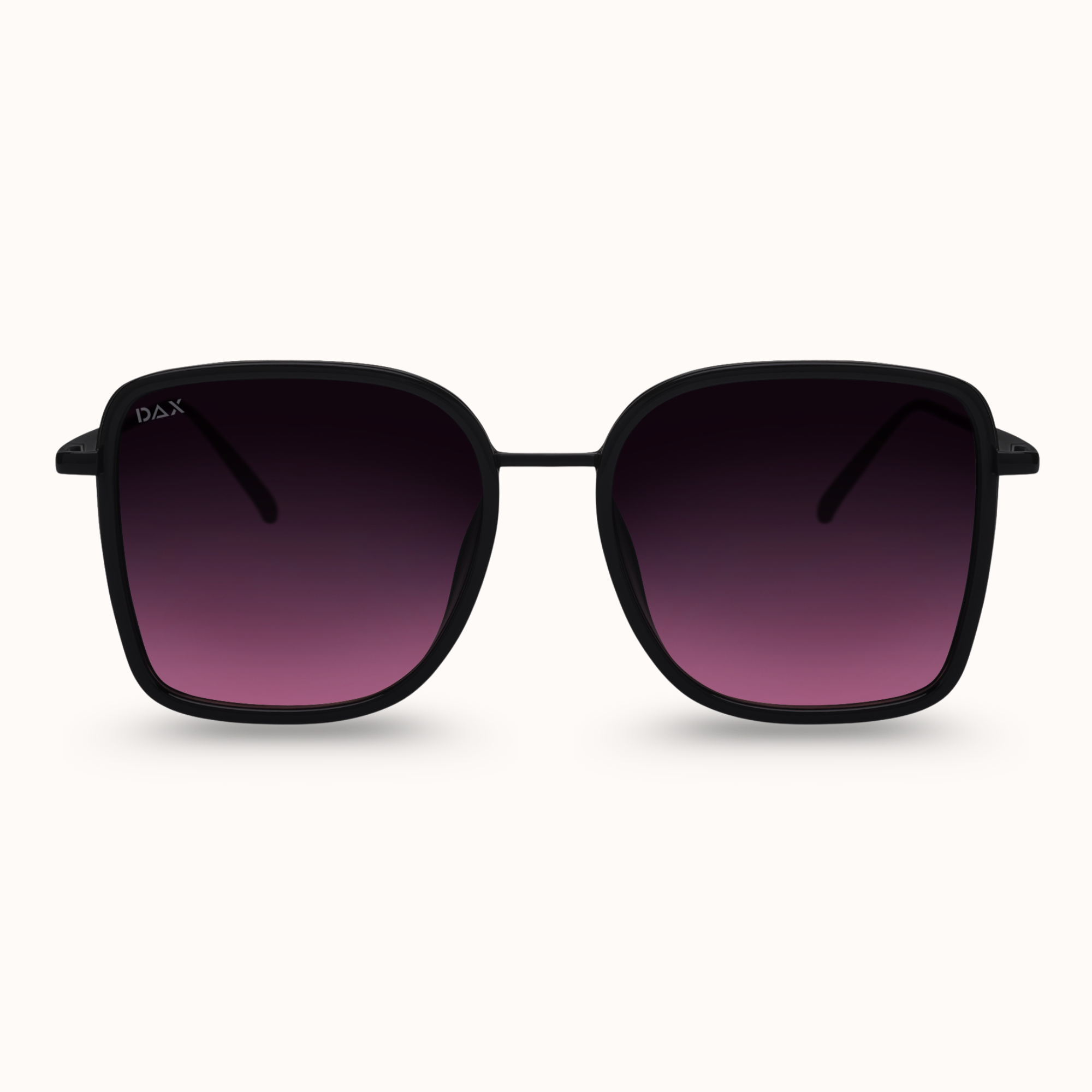 Black sunglasses with gradient purple lenses on a white background