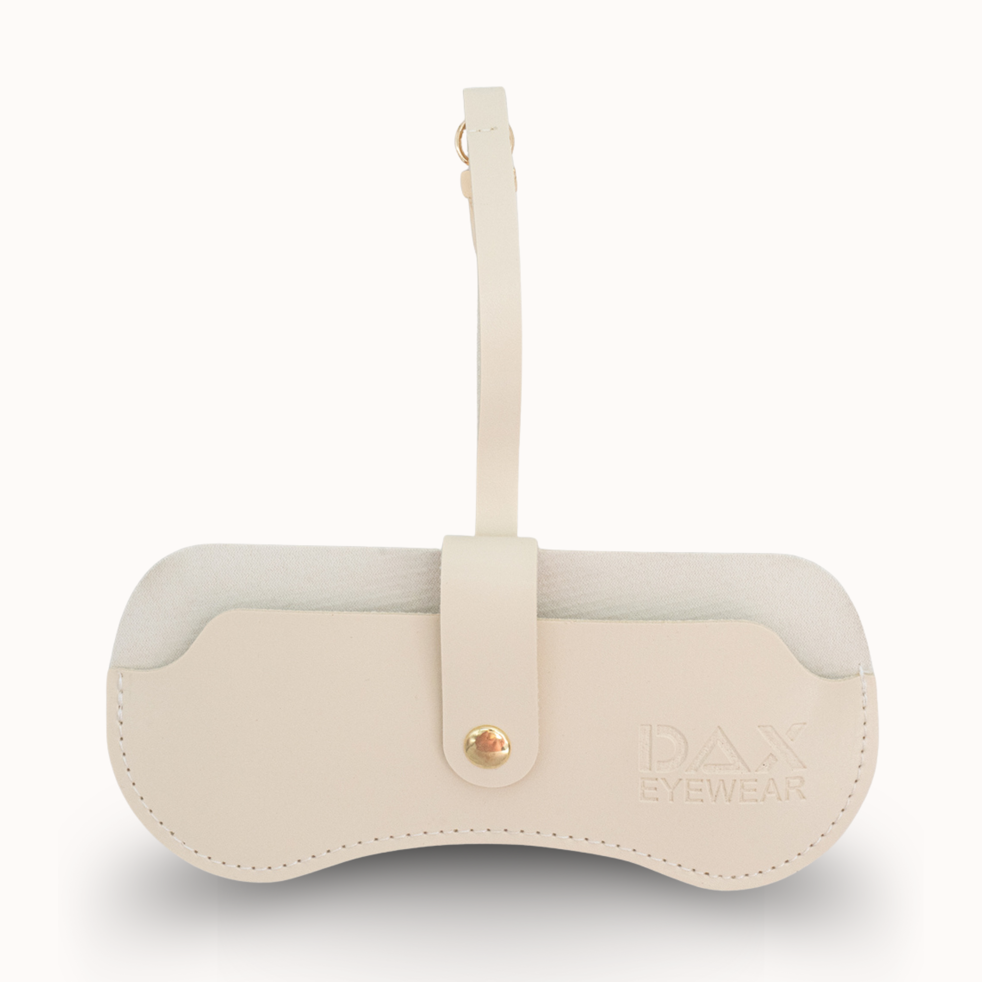 Cream-colored eyewear case with strap on a white background