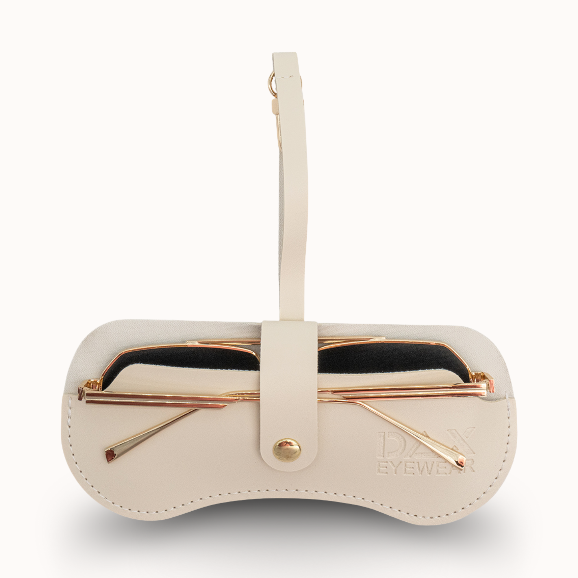 Beige eyewear case with gold accents on a white background