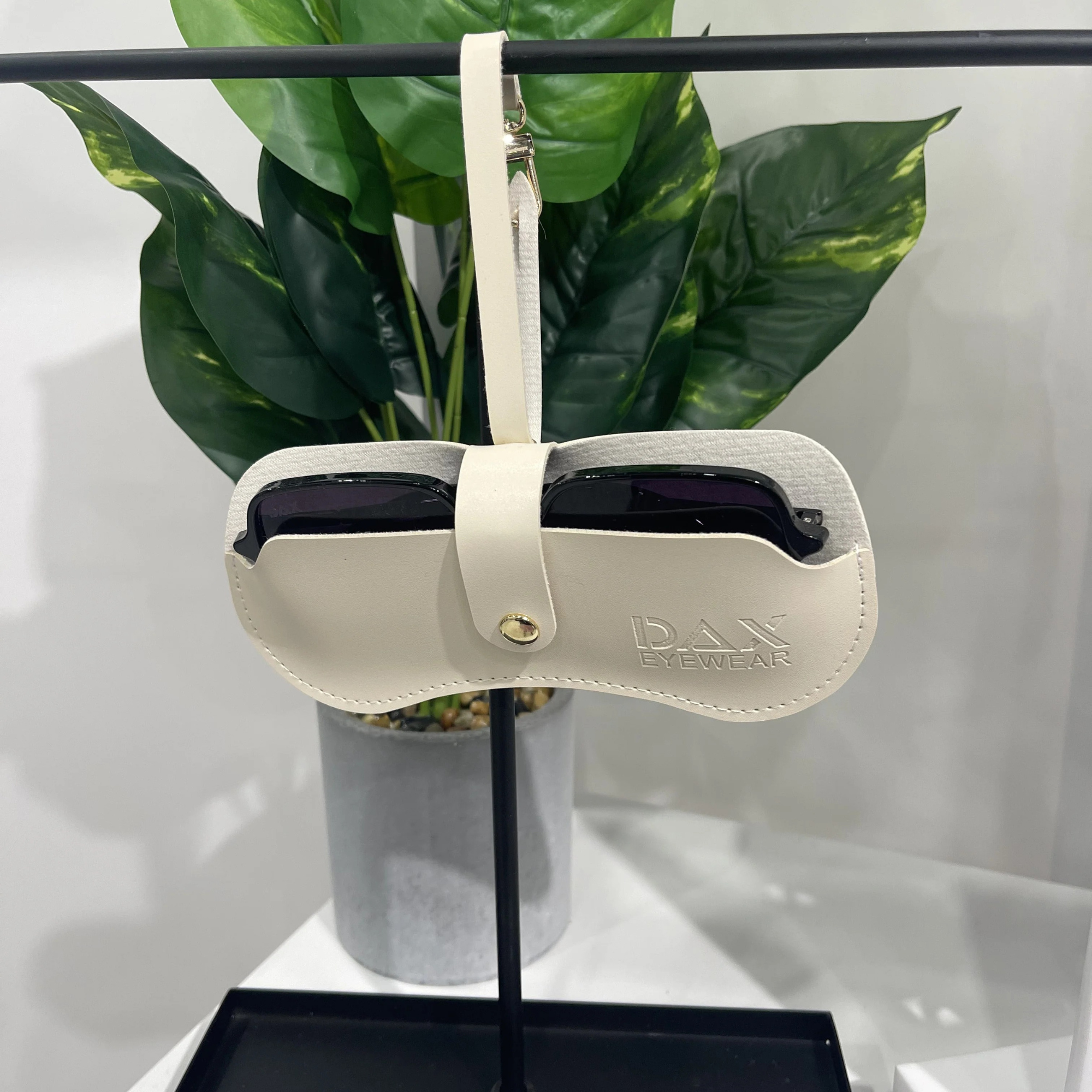 Beige sunglasses case with 'DAX' branding on a stand with a plant in the background