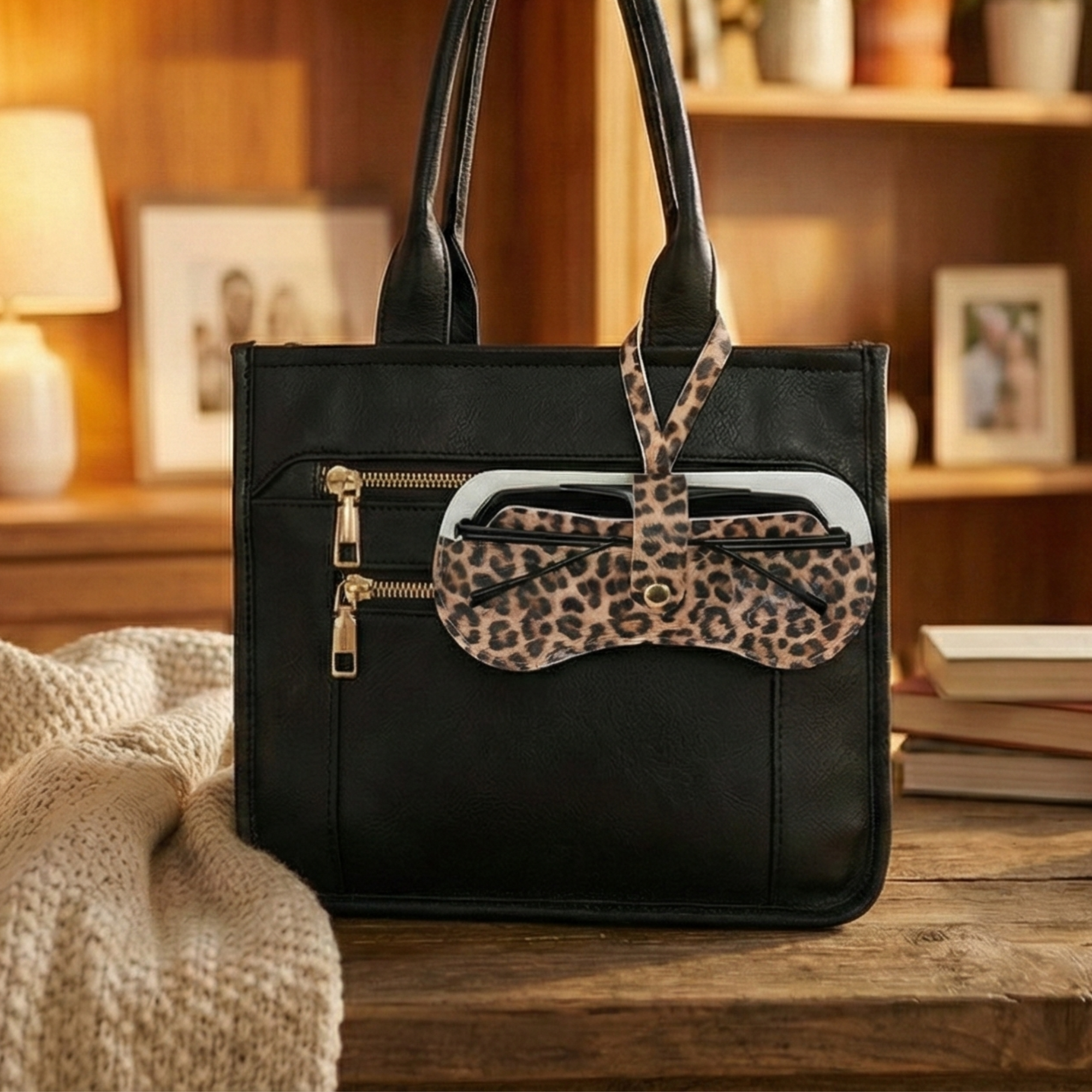 Black handbag with a leopard print bow on a wooden surface