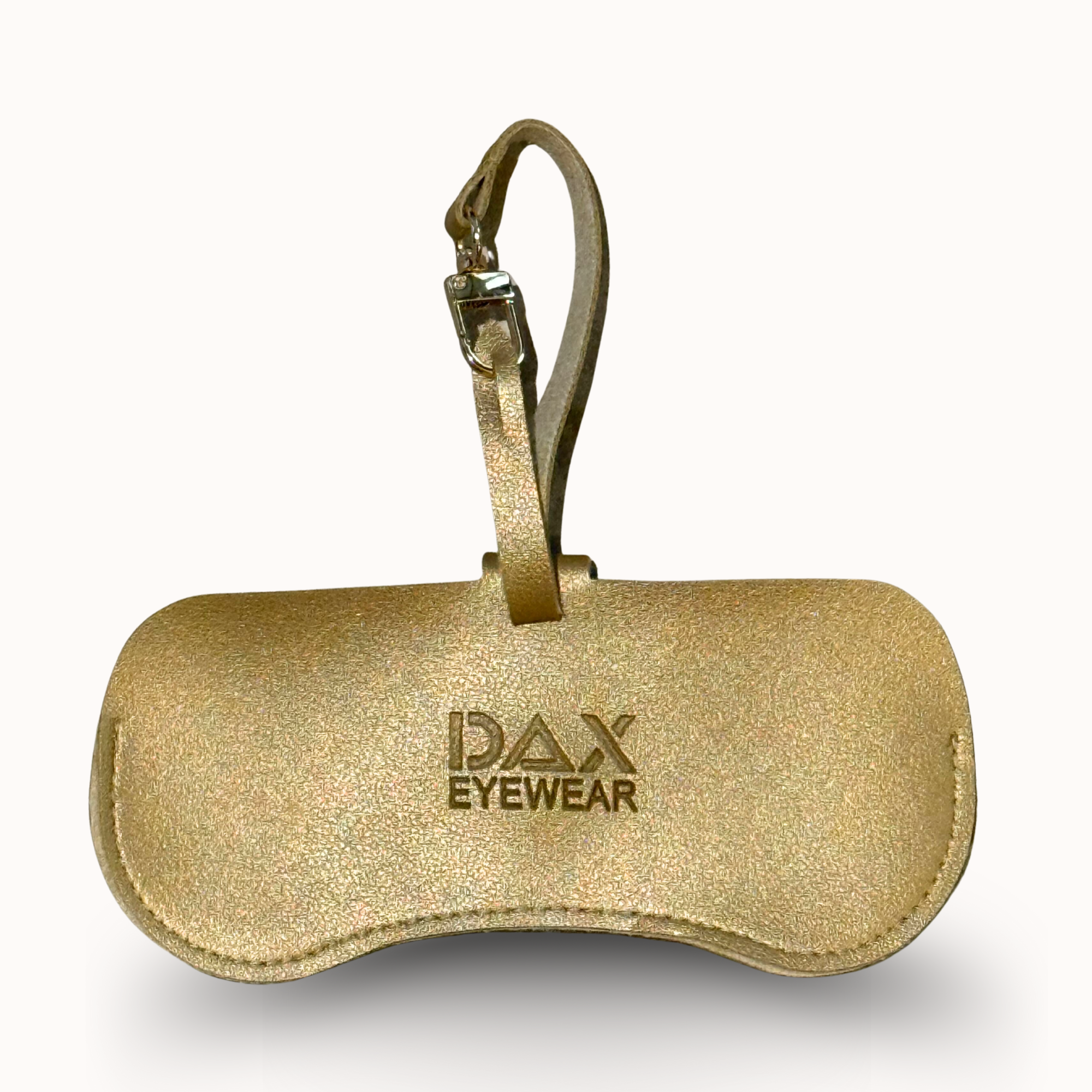 Gold eyewear case with 'DAX Eyewear' logo on a white background