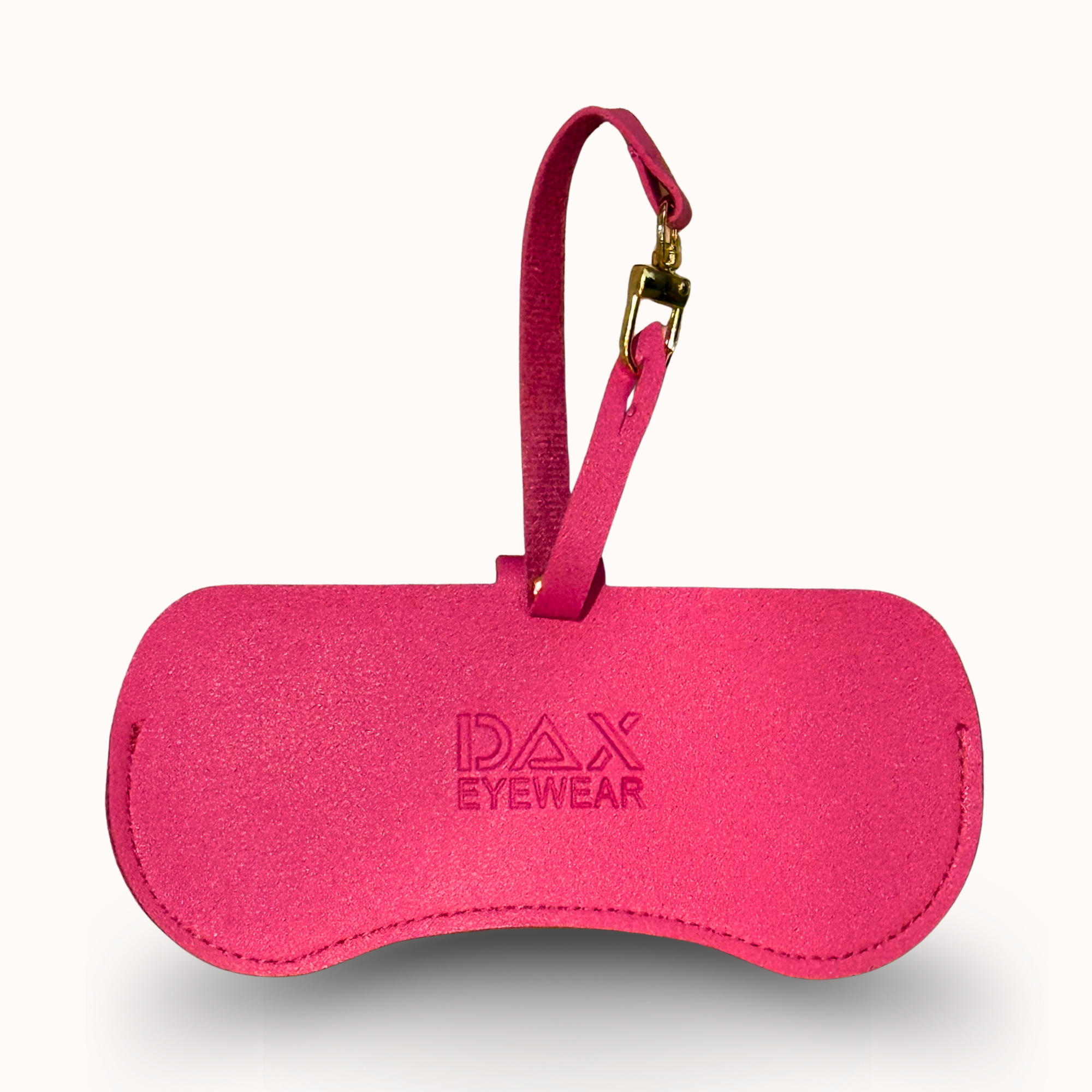 Pink sunglasses case with 'DAX Eyewear' logo on a white background
