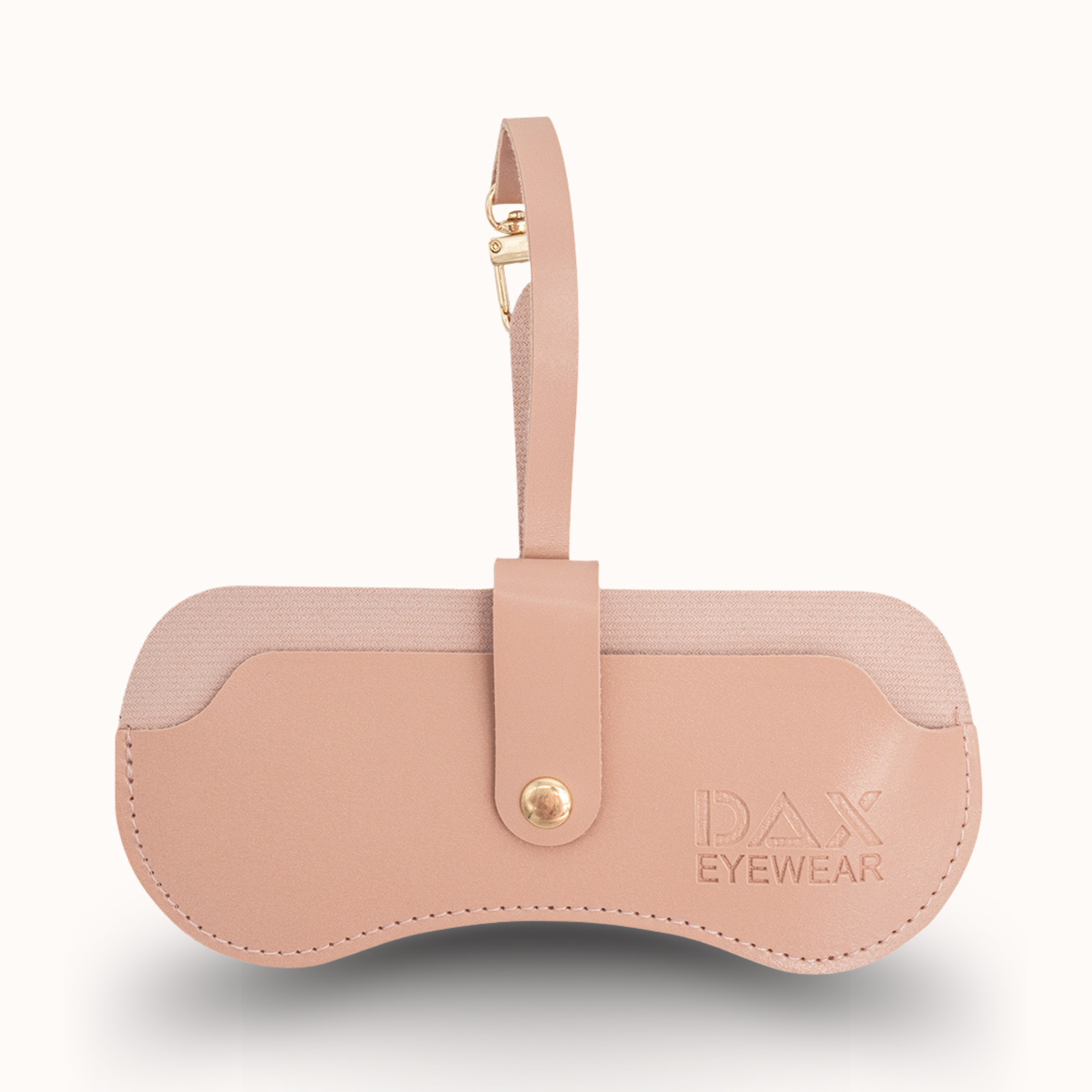 Pink eyewear case with 'DAX EYEWEAR' branding on a white background