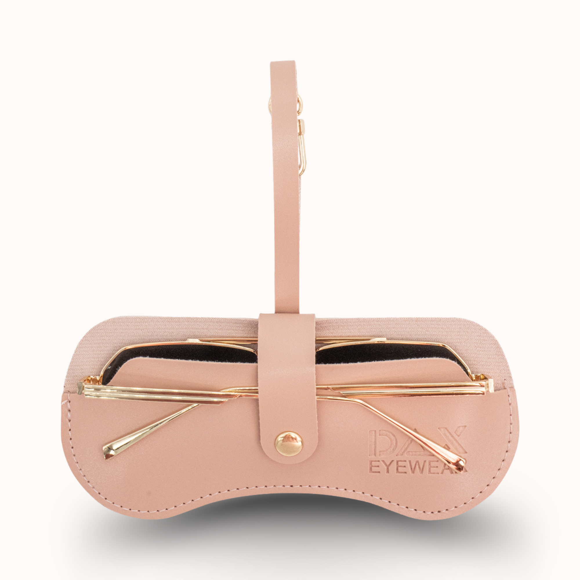 Pink sunglasses case with gold accents on a white background