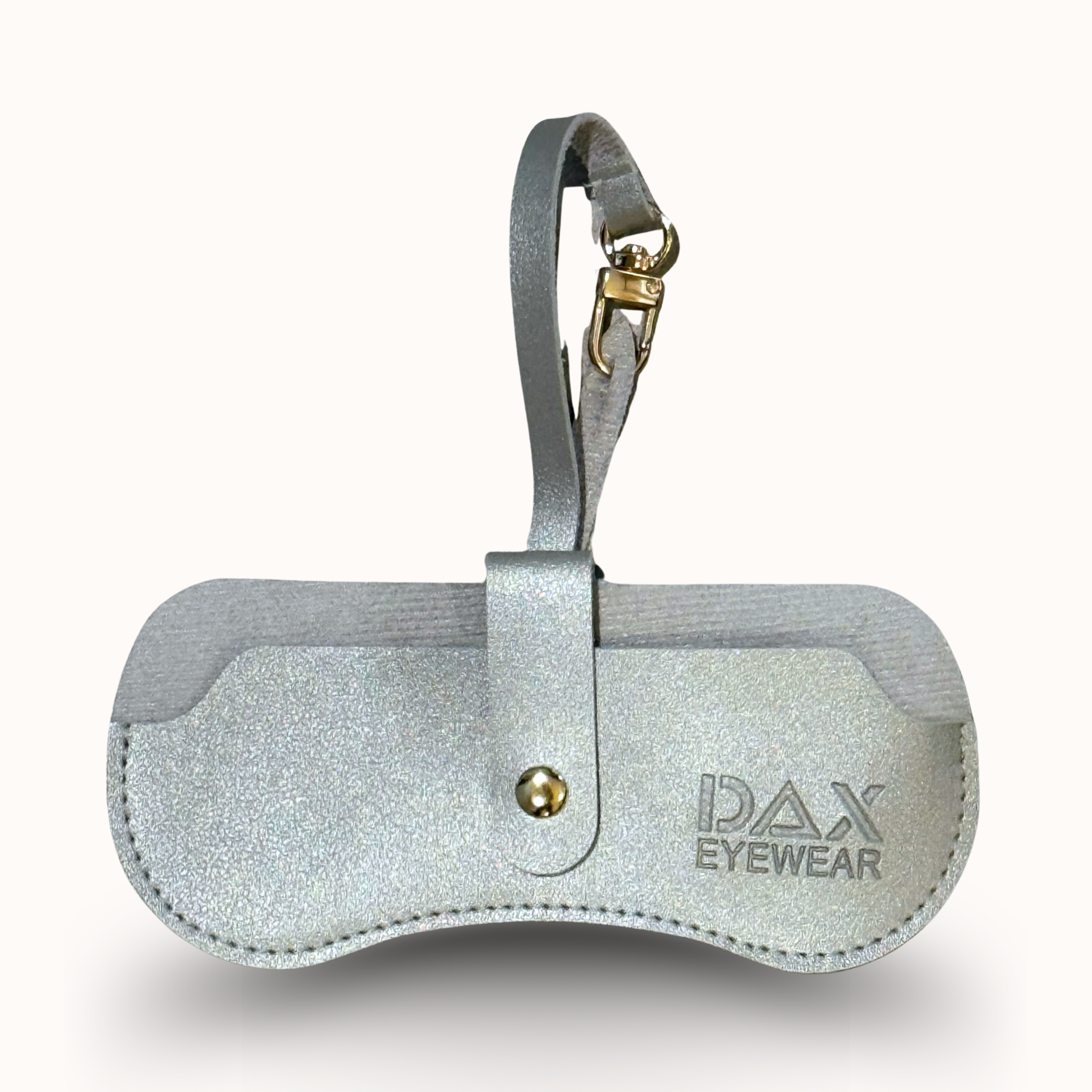 Silver glittery case with a strap and 'DAX Eyewear' branding on a white background