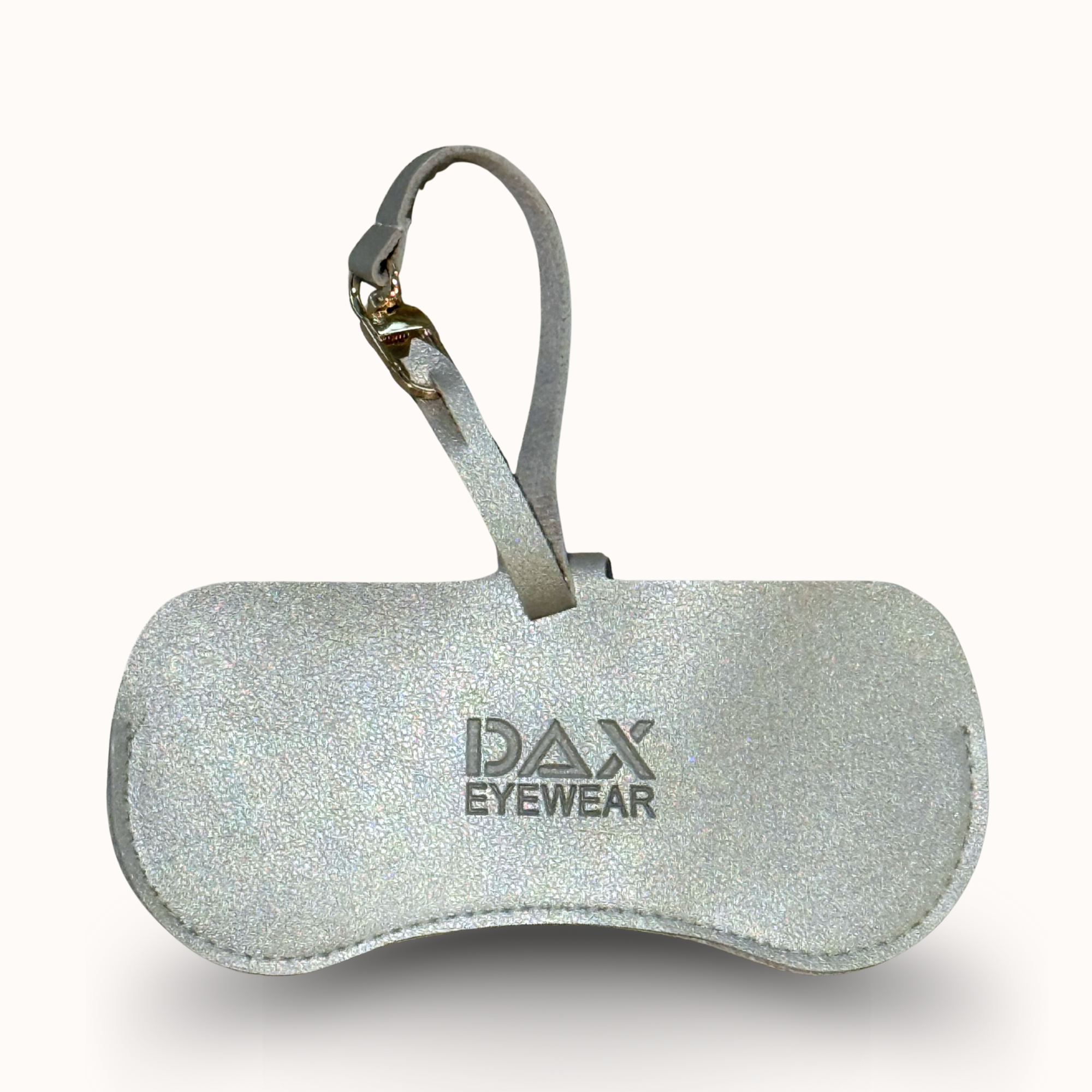 Silver glittery case with 'DAX Eyewear' logo on a white background