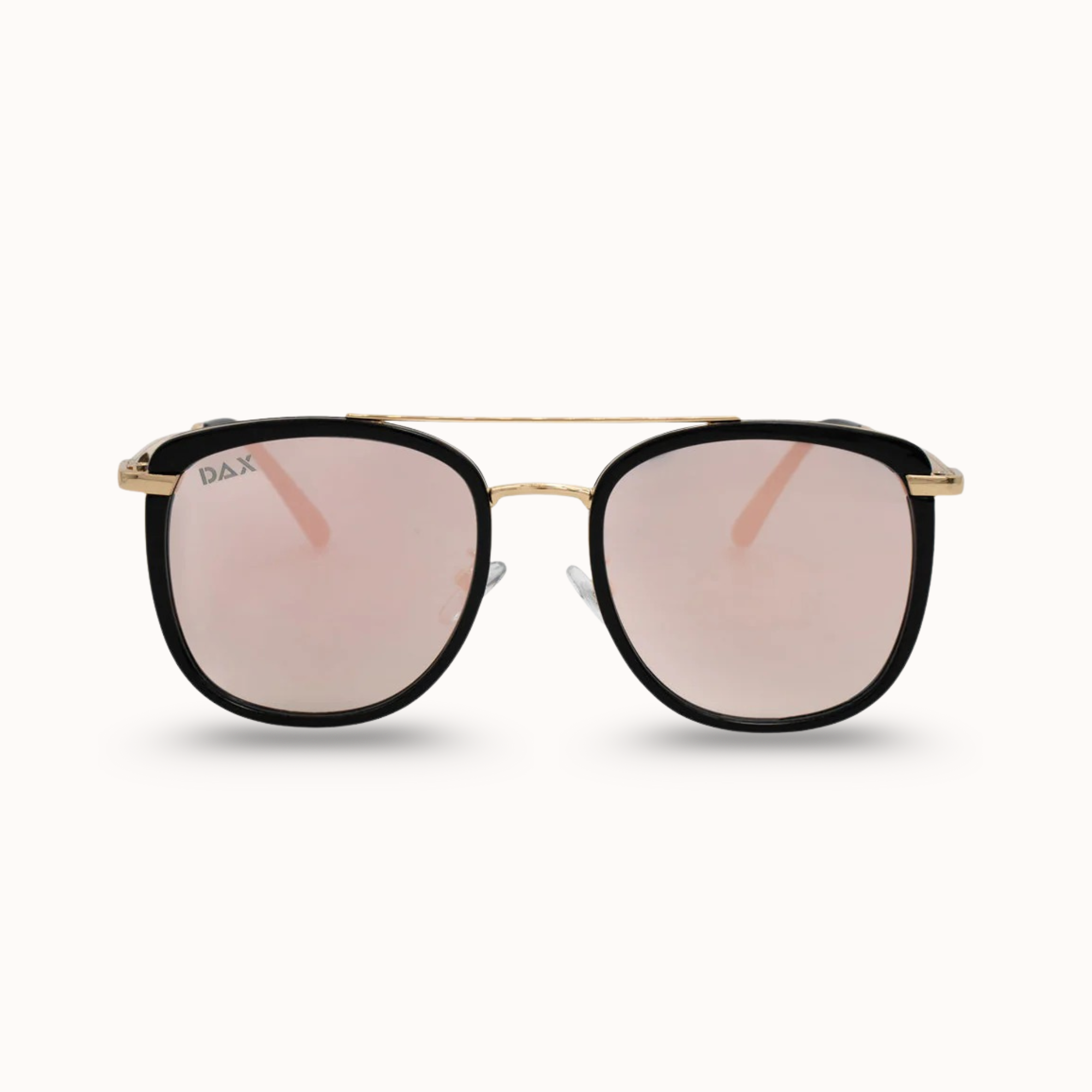 Sunglasses with black frames and pink lenses on a white background