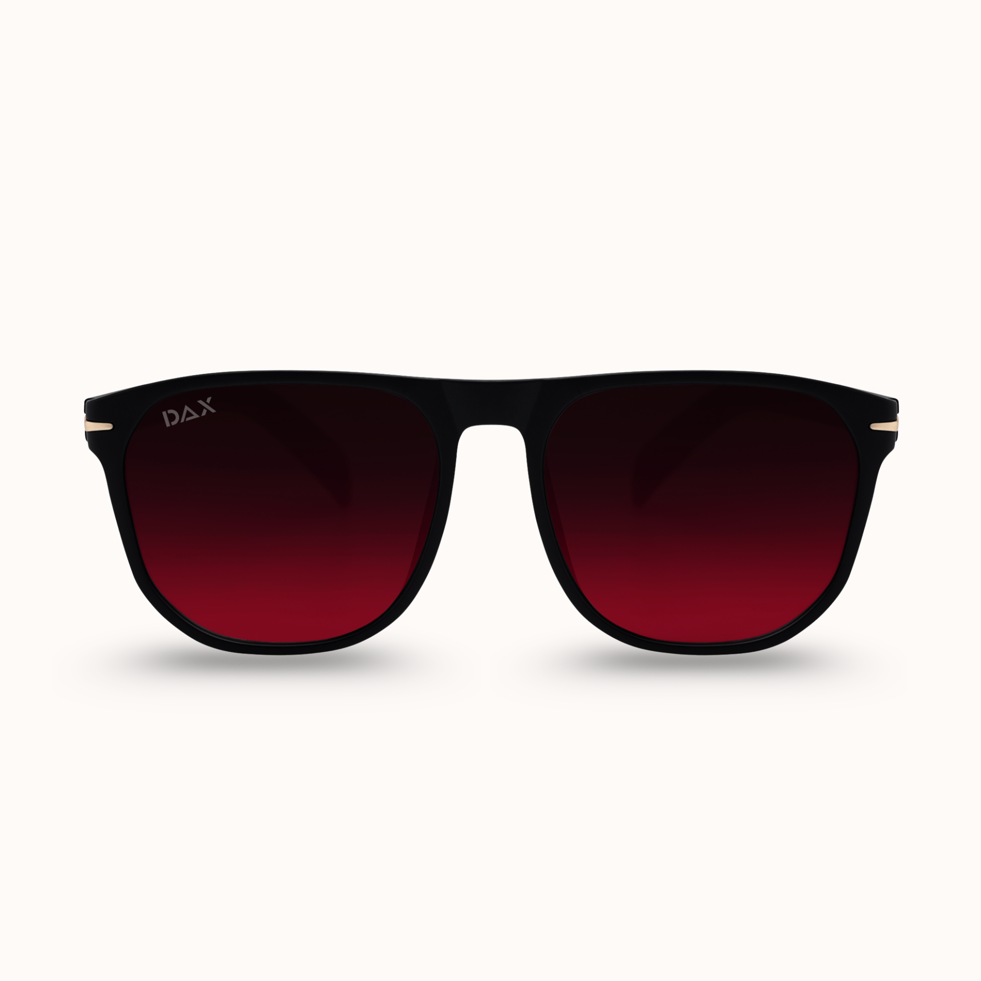 Black sunglasses with red gradient lenses on a white background