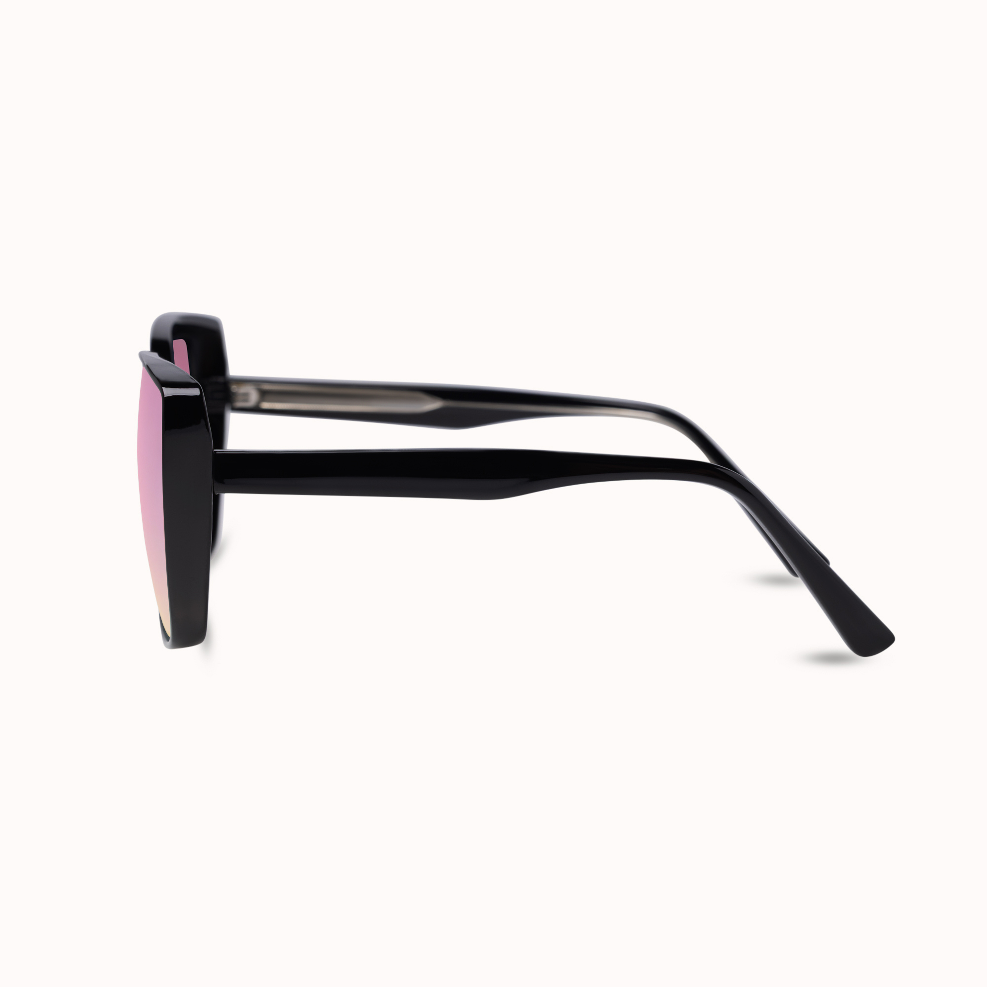 Black square sunglasses with pink mirrored lenses, shown in a side profile view on a clean white background.