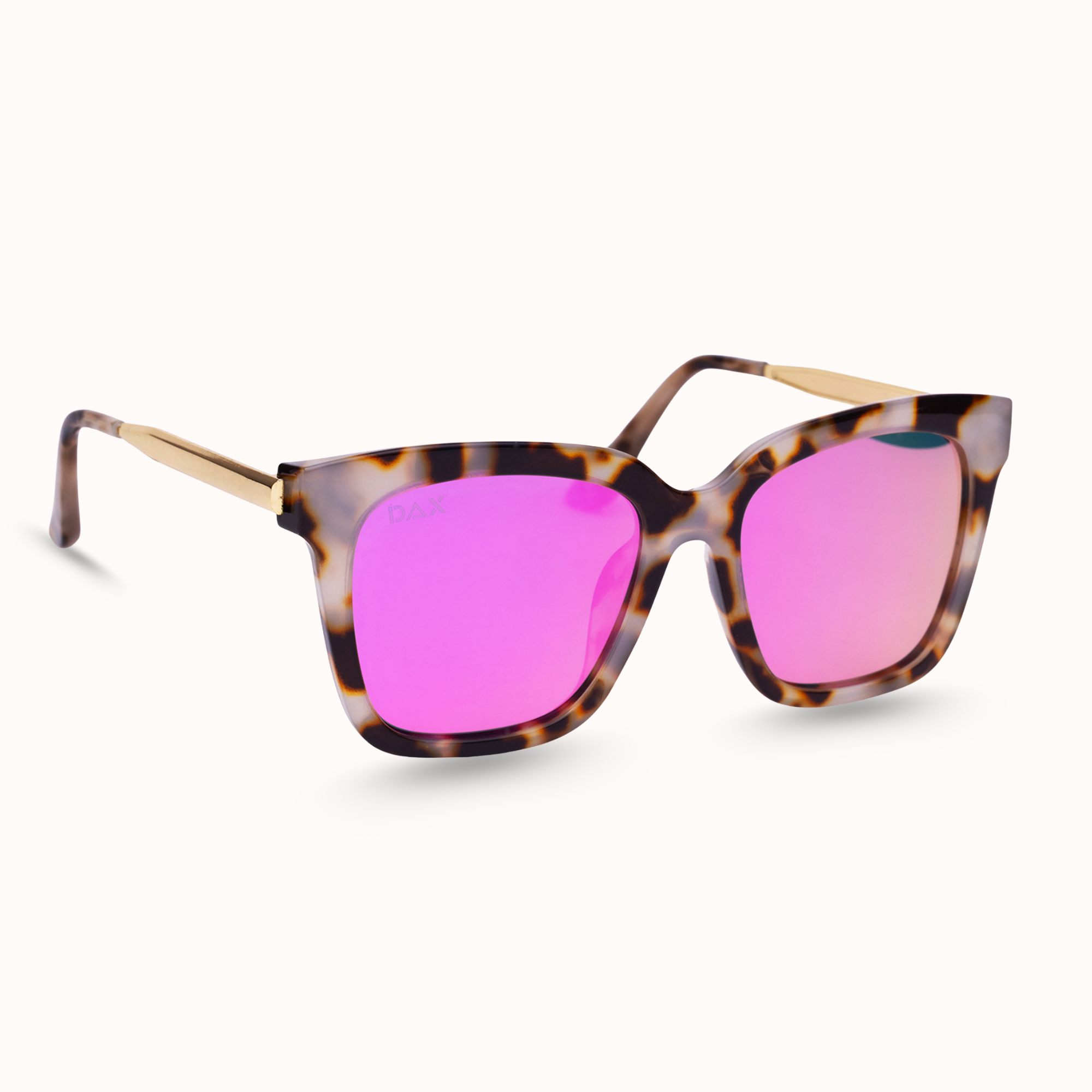 Sunglasses with tortoiseshell frame and pink lenses on a white background