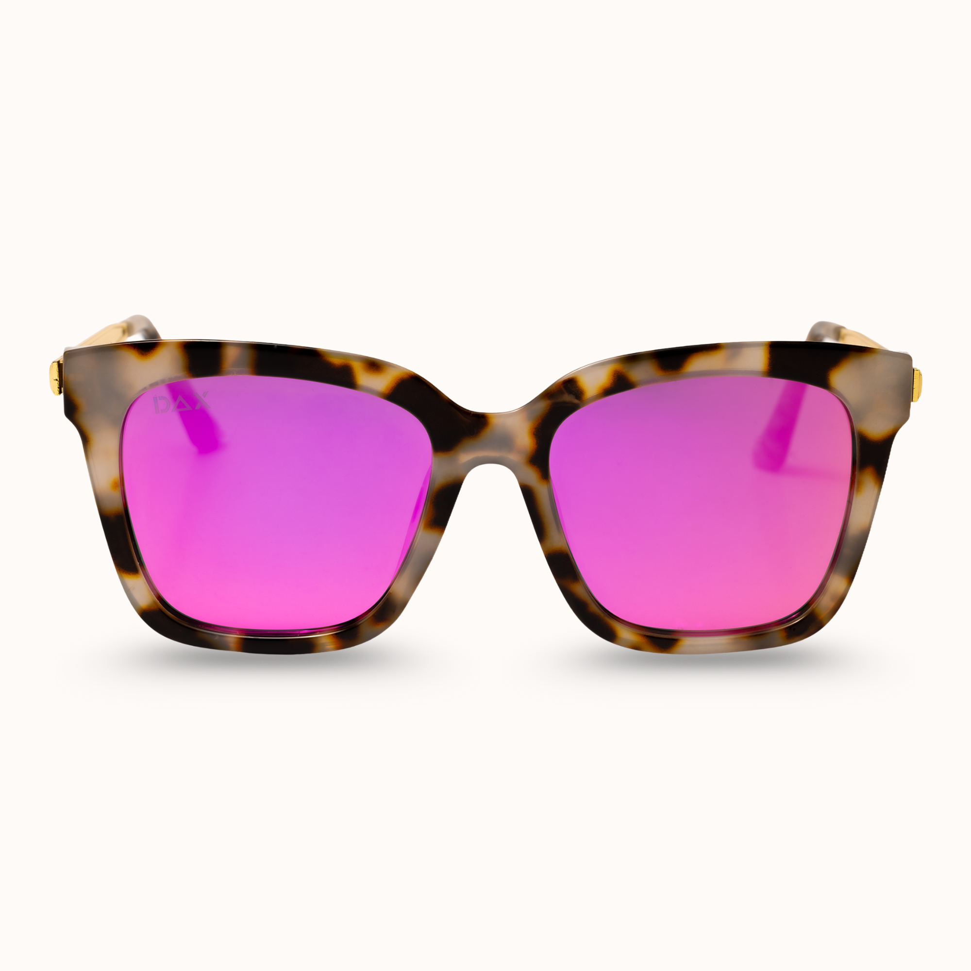 Sunglasses with tortoiseshell frame and pink lenses on a white background
