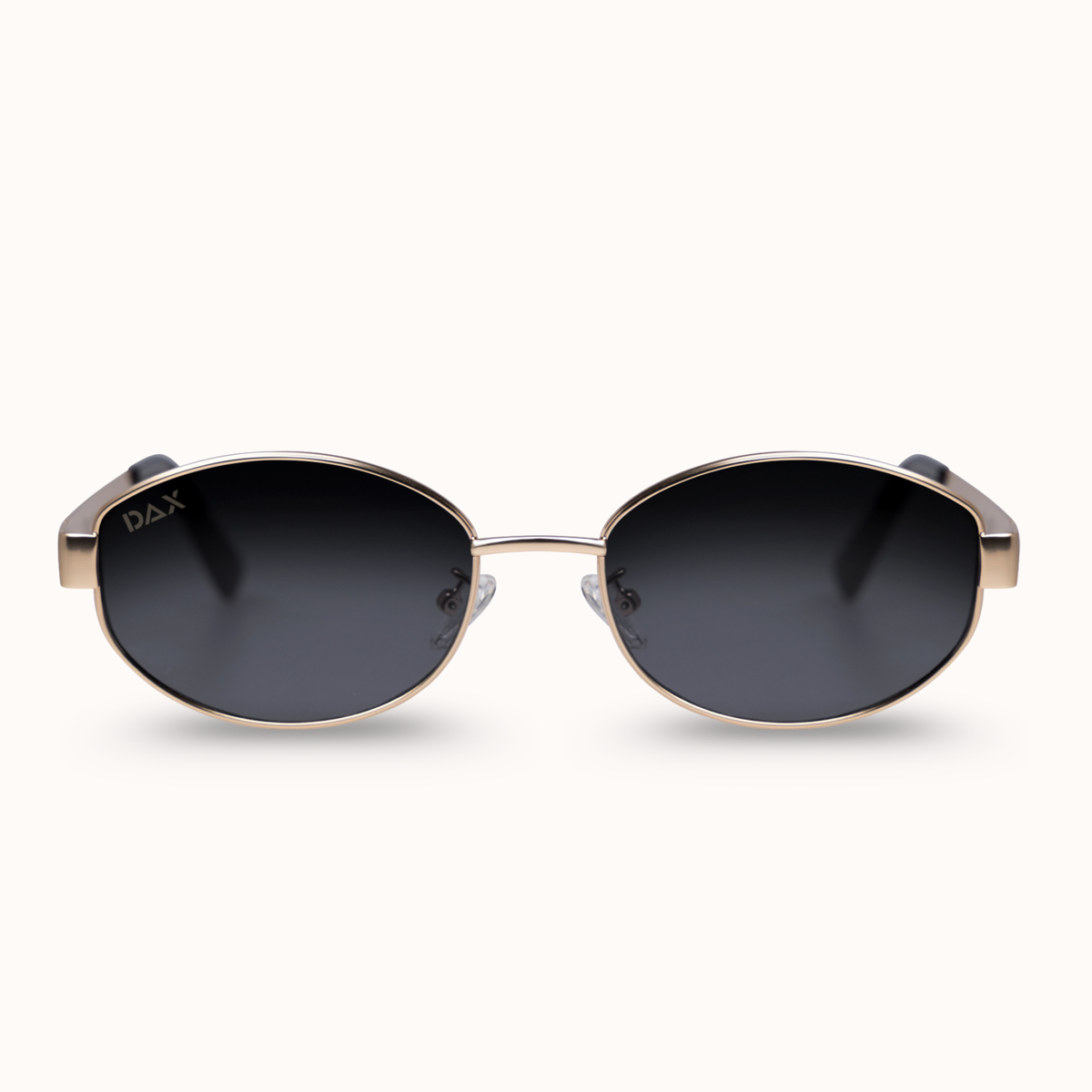 Gold rimmed oval frames with black lenses.