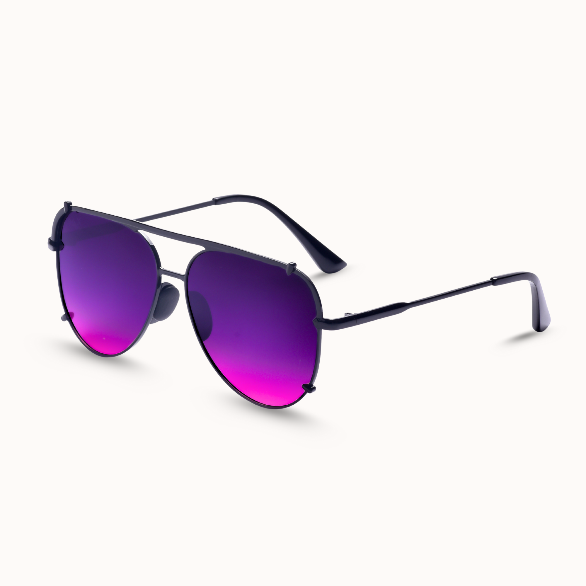 Sunglasses with purple lenses and black frame on a white background