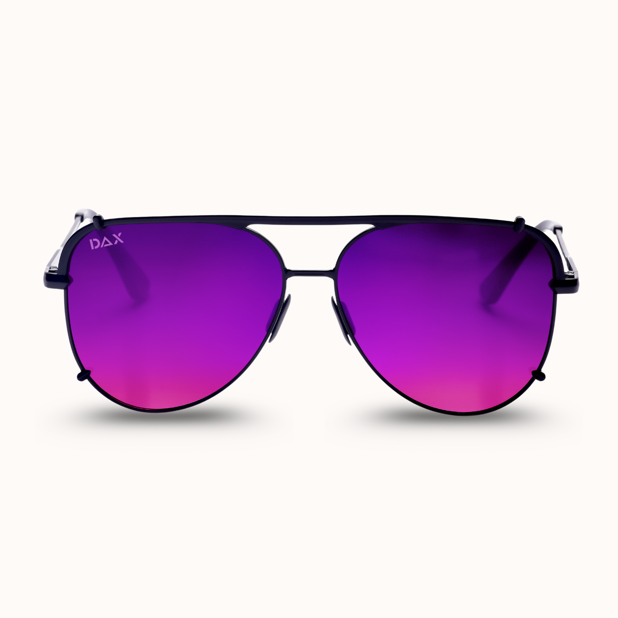 Sunglasses with purple lenses and black frame on a white background
