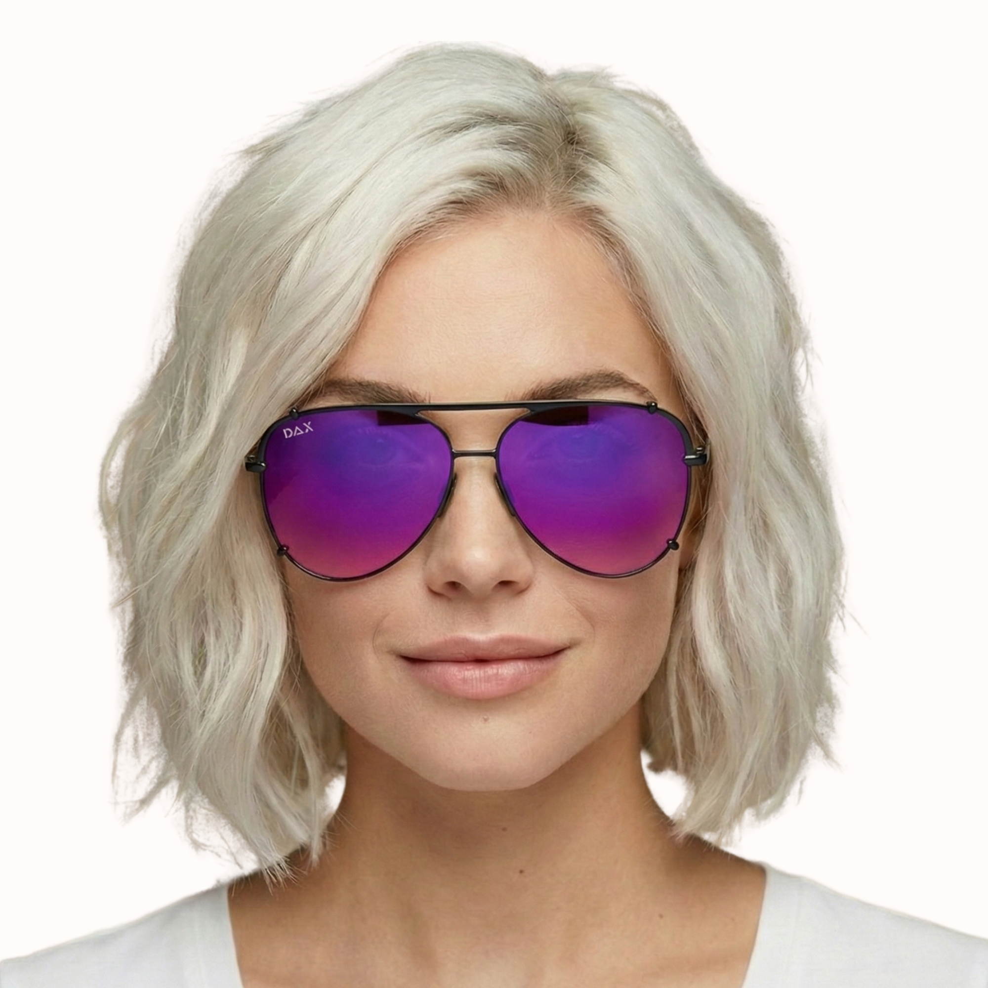 Person wearing purple reflective sunglasses with a white background