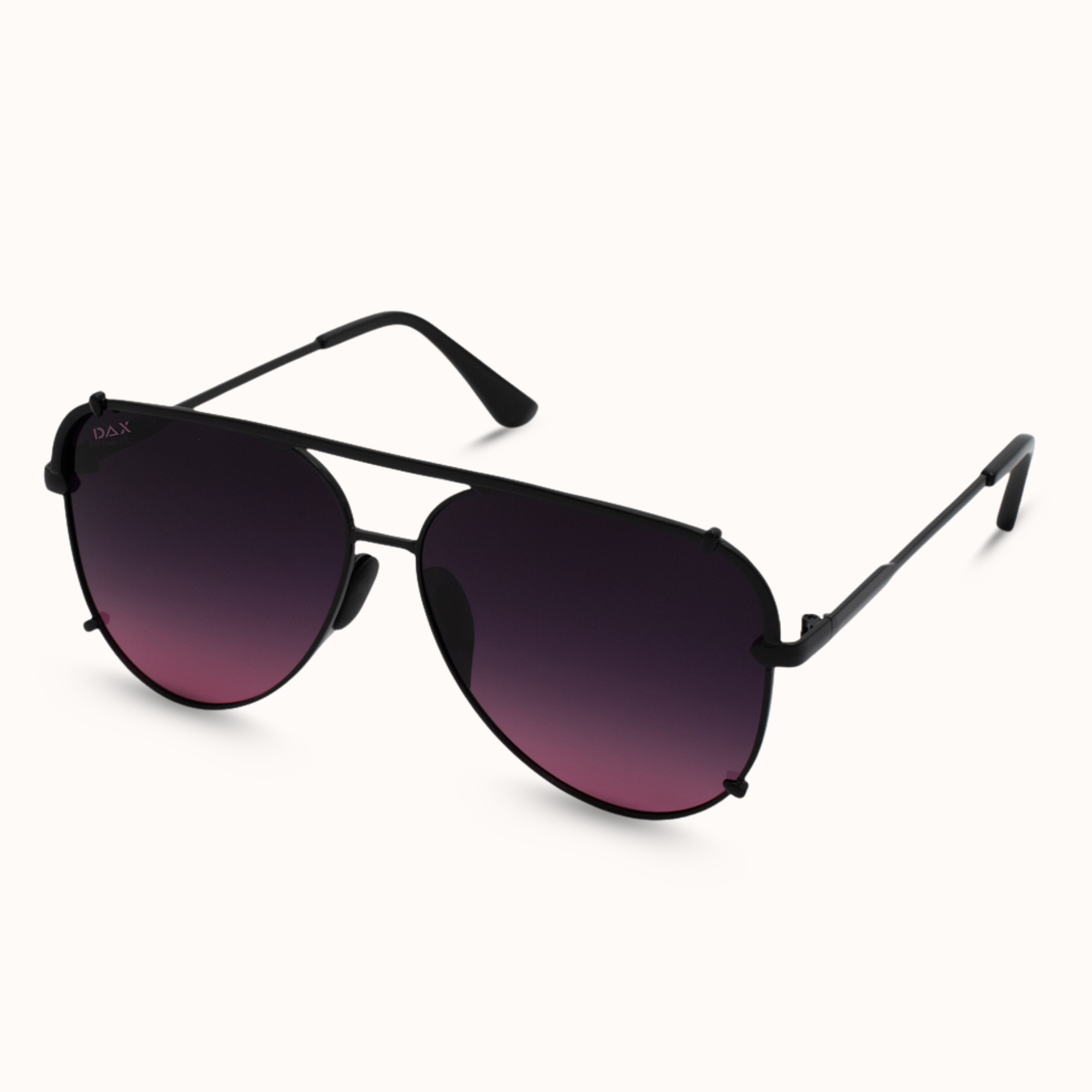 Aviator sunglasses with black frames and purple gradient lenses on a white background