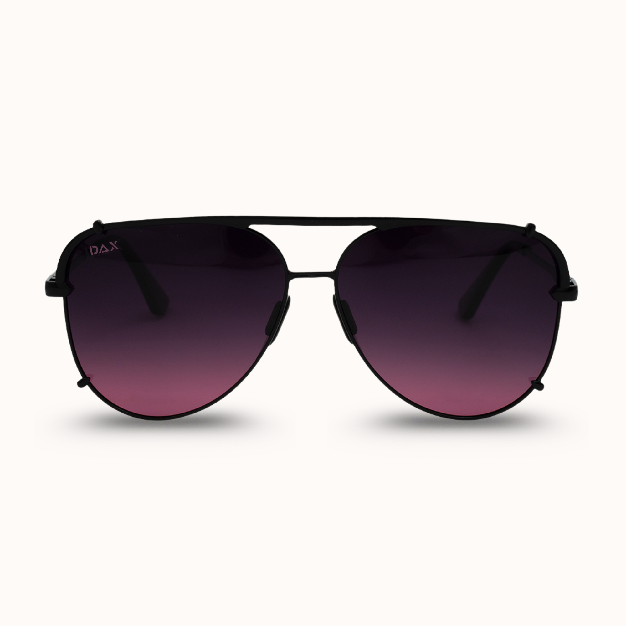 Black sunglasses with gradient purple lenses on a white background