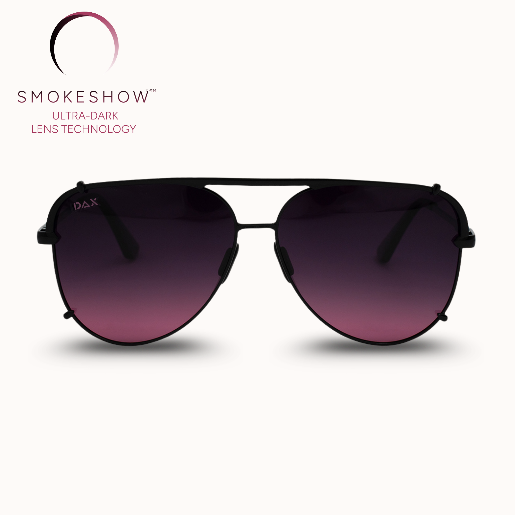 Sunglasses with gradient purple lenses on a white background, featuring the Smokeshow brand.