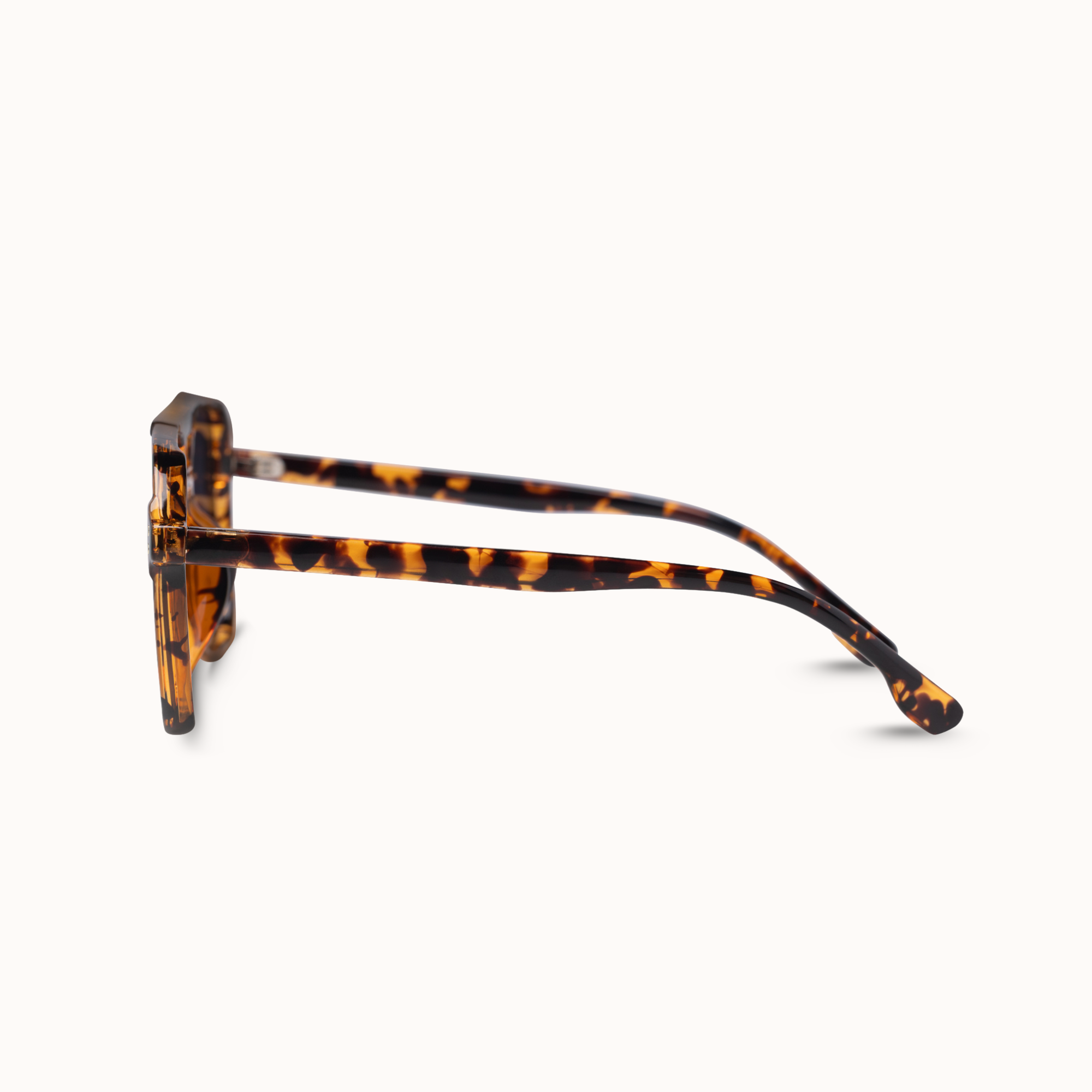 Square sunglasses with a translucent tortoiseshell acetate frame, shown from a side profile view on a clean off-white background.