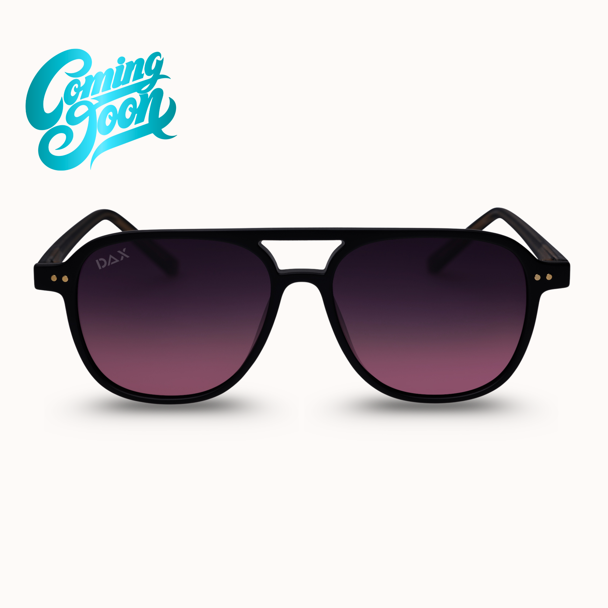 Black sunglasses with gradient purple lenses on a white background, featuring 'Coming Soon' text.