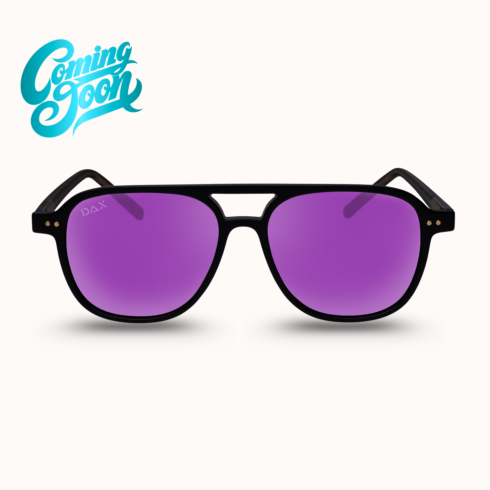 Black sunglasses with purple lenses on a white background, featuring 'Coming Soon' text.