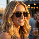 Woman wearing sunglasses with a blurred background of people and lights