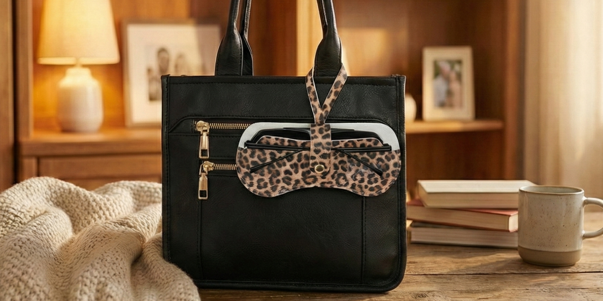 Black handbag with leopard print bow on a wooden surface