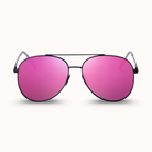 Pink sunglasses with black frames on a white background