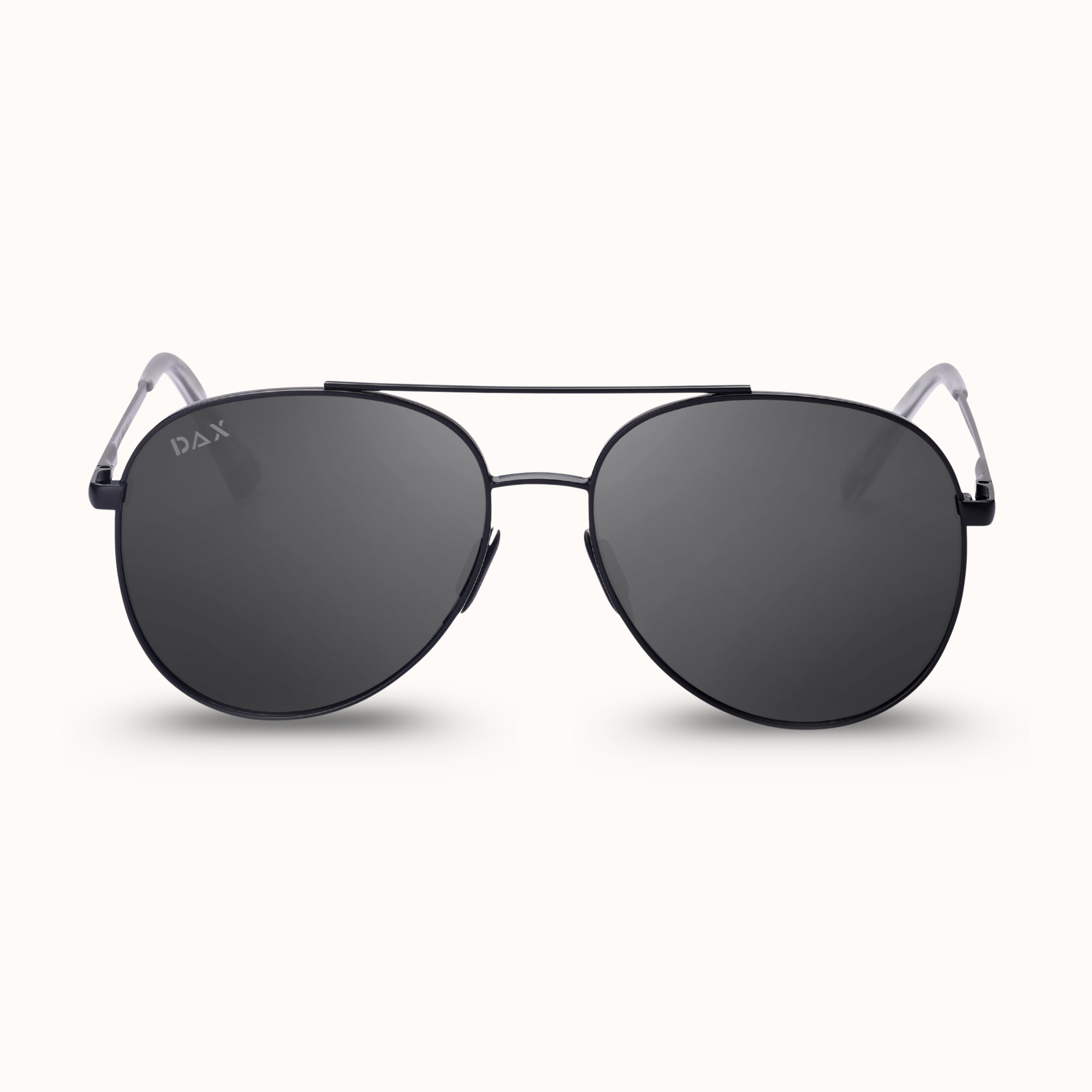 Black sunglasses with silver accents on a white background