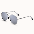 Aviator sunglasses with silver frame and reflective lenses on a white background