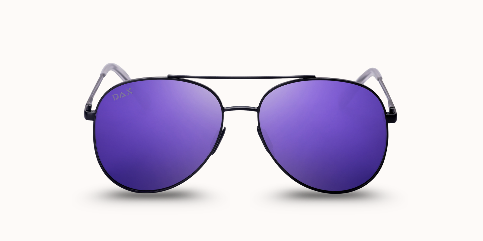 Sunglasses with purple lenses and black frame on a white background