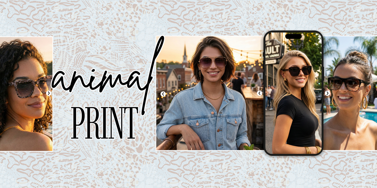 A promotional graphic for an animal print pattern, featuring a collage of lifestyle photos of women wearing sunglasses and a denim shirt, alongside a smartphone mockup displaying the print. The background is a light beige patterned texture with the text 'animal PRINT' in black.