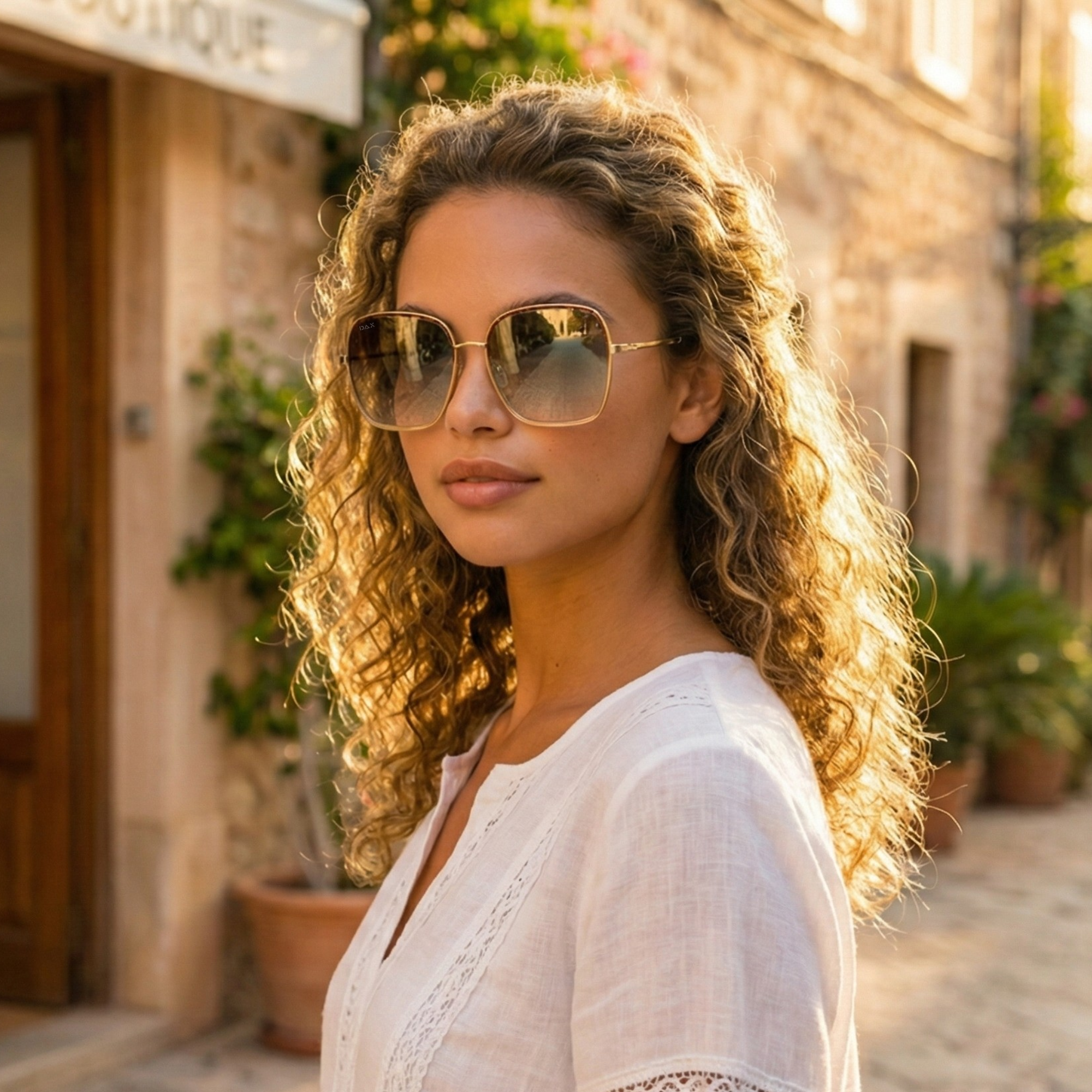 Woman wearing sunglasses and a white blouse in an outdoor setting