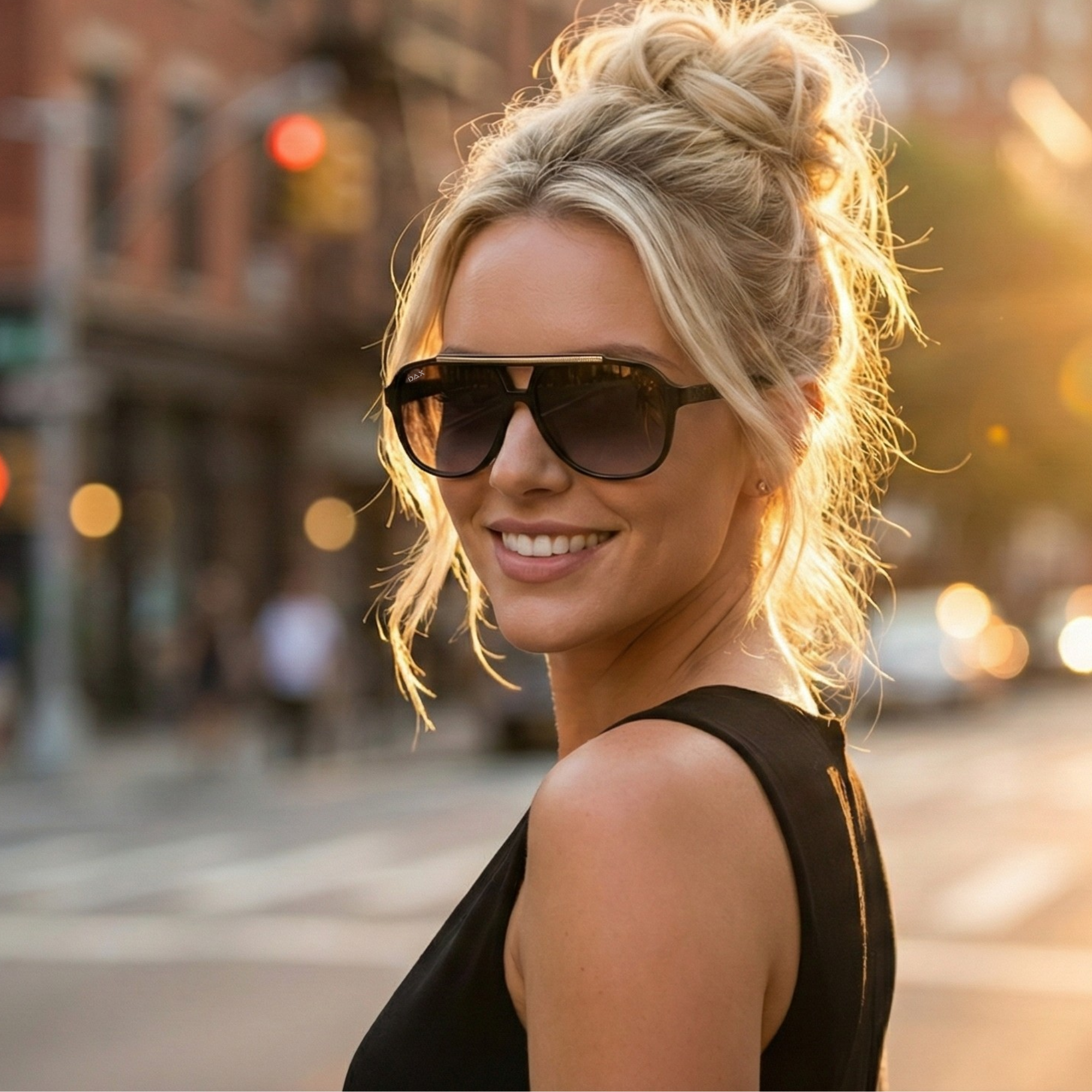Woman wearing Astrid sunglasses on a city street