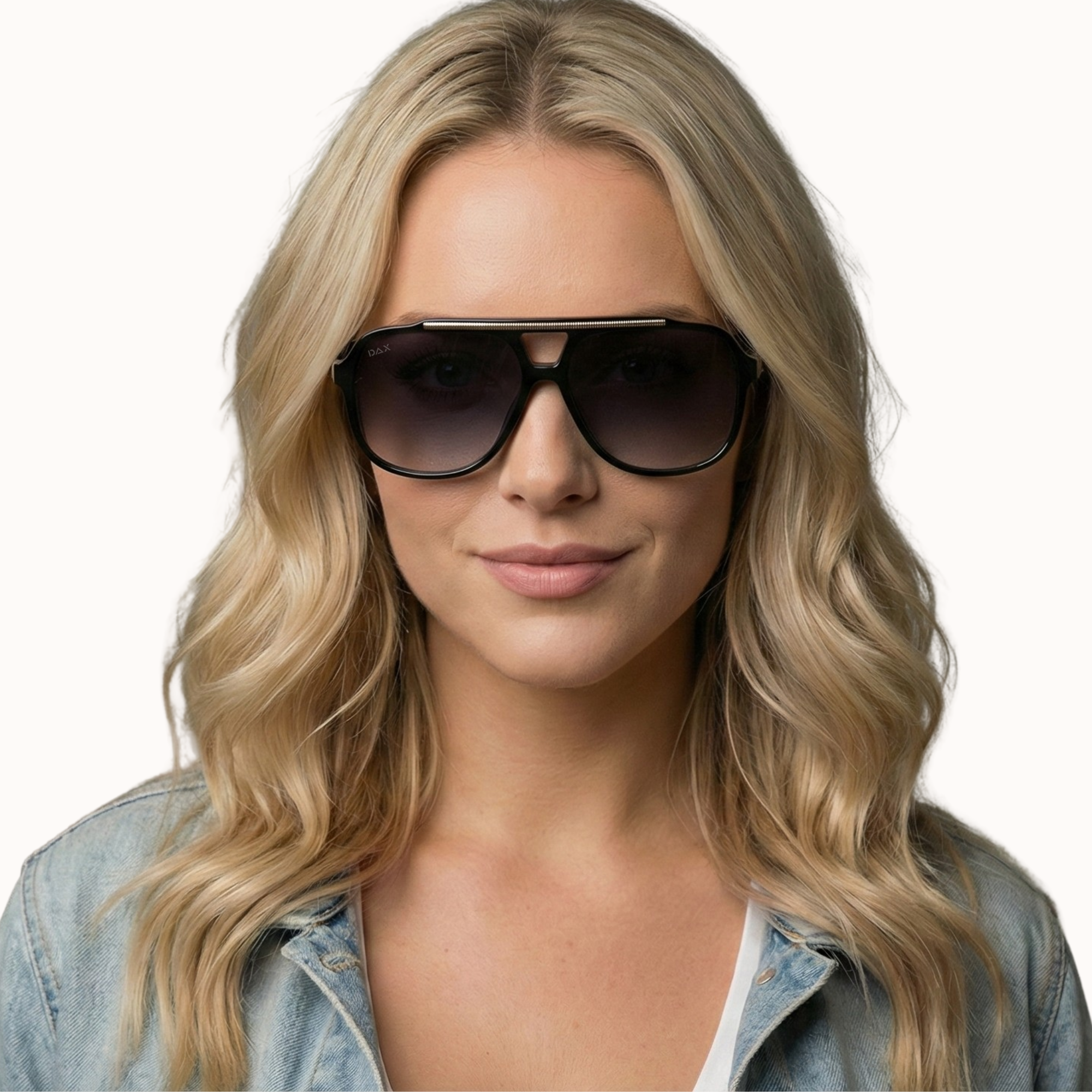 Woman wearing Astrid sunglasses with a plain background