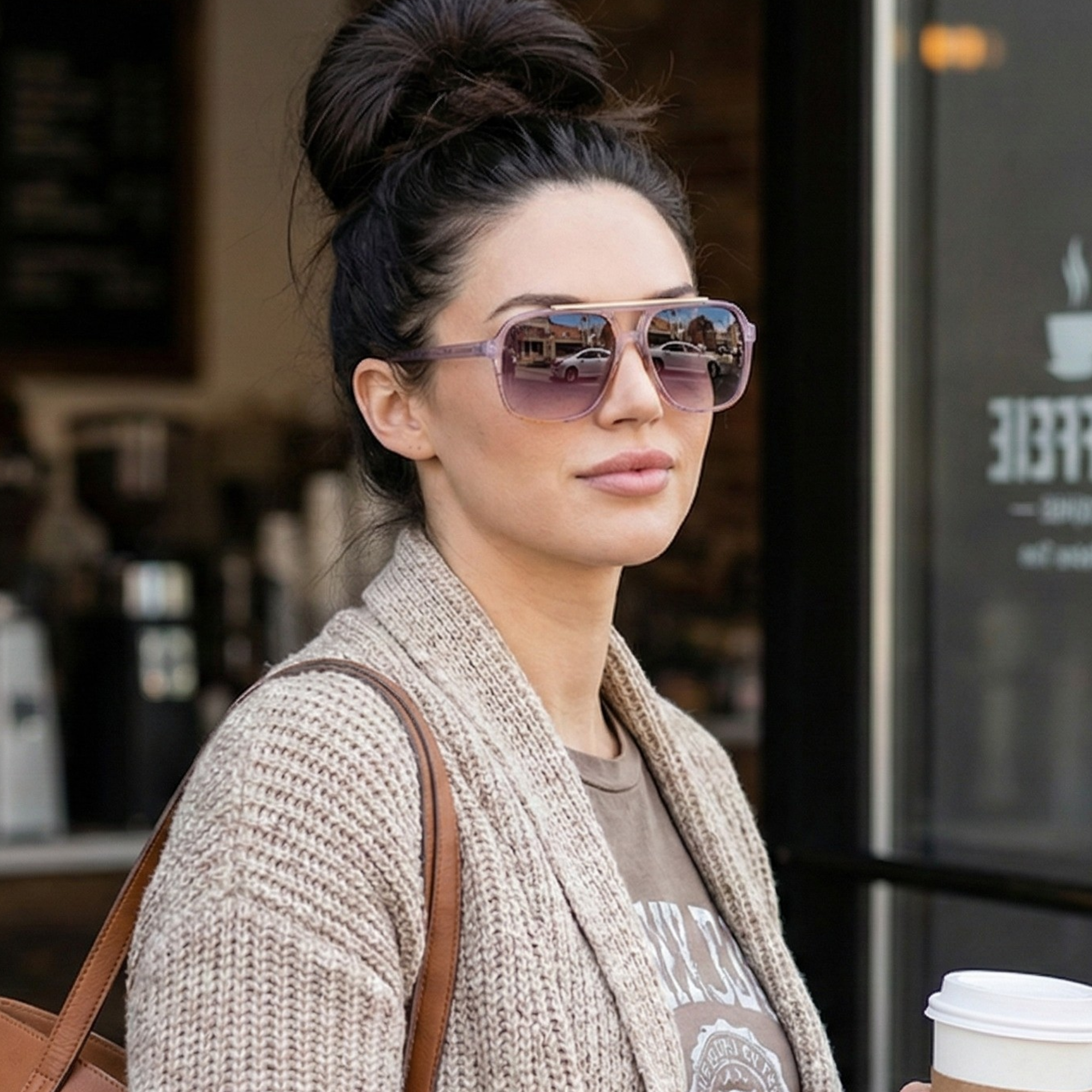 Woman wearing sunglasses and a beige cardigan holding a coffee cup, standing in front of a coffee shop.